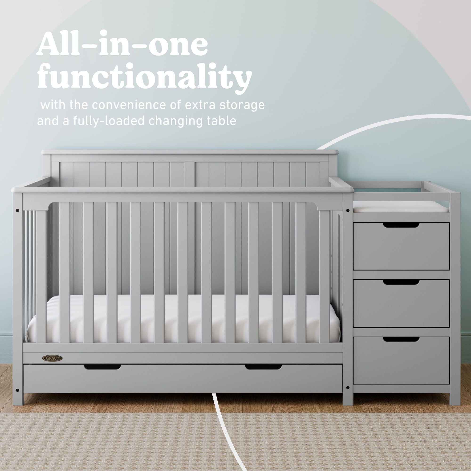 Hadley pebble gray crib and changer in nursery