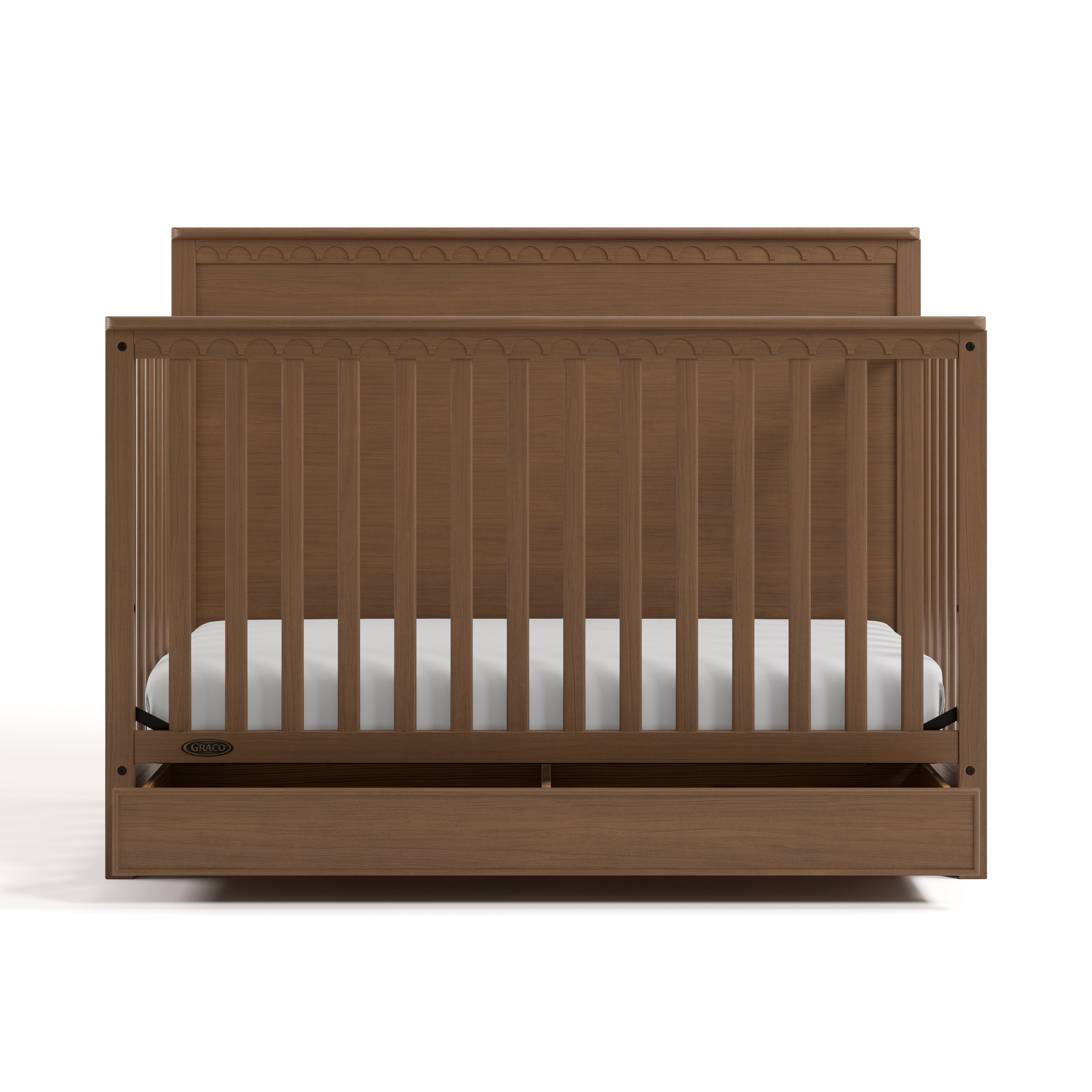 Sasha hazelnut crib with drawer front view