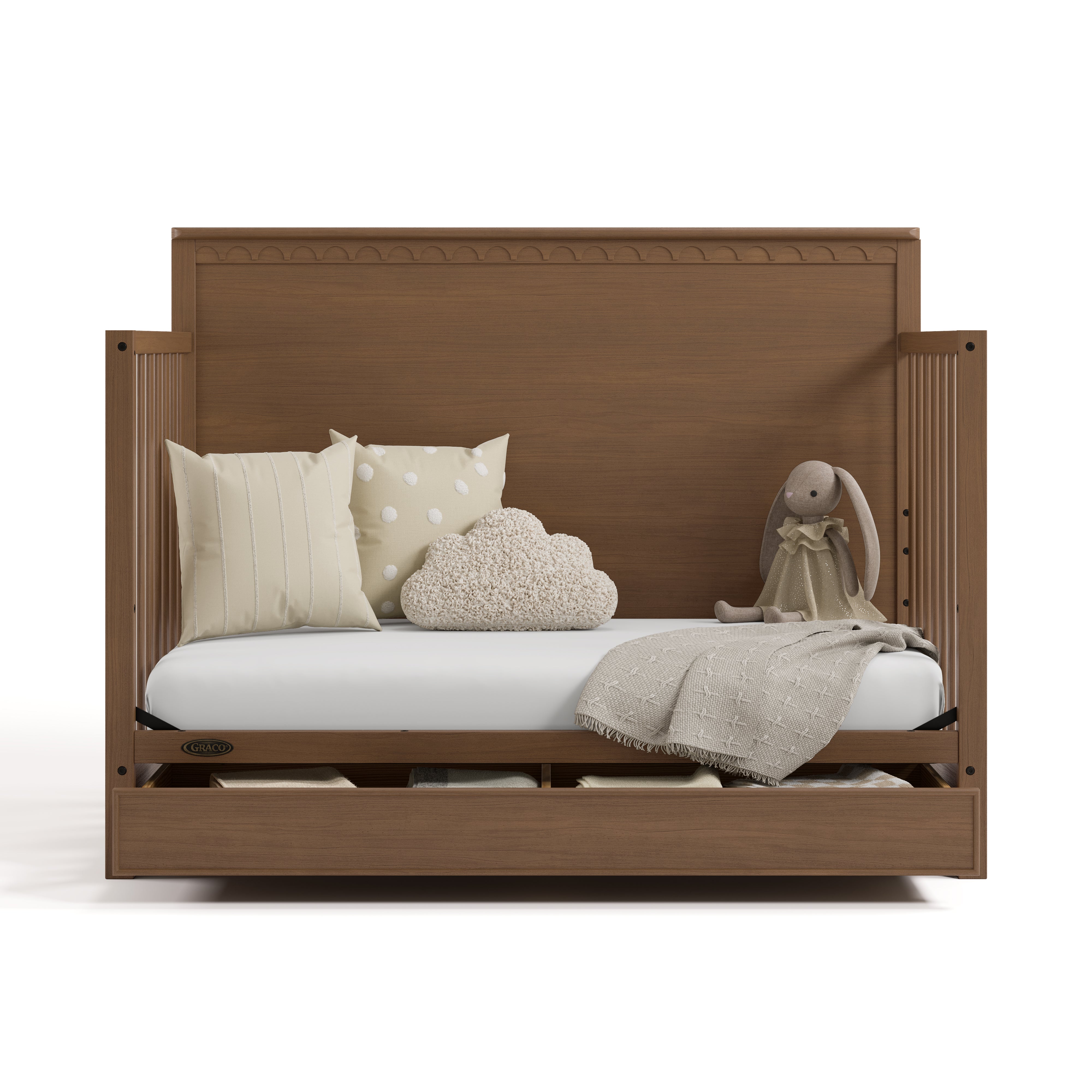 Sasha hazelnut crib with drawer converted to daybed