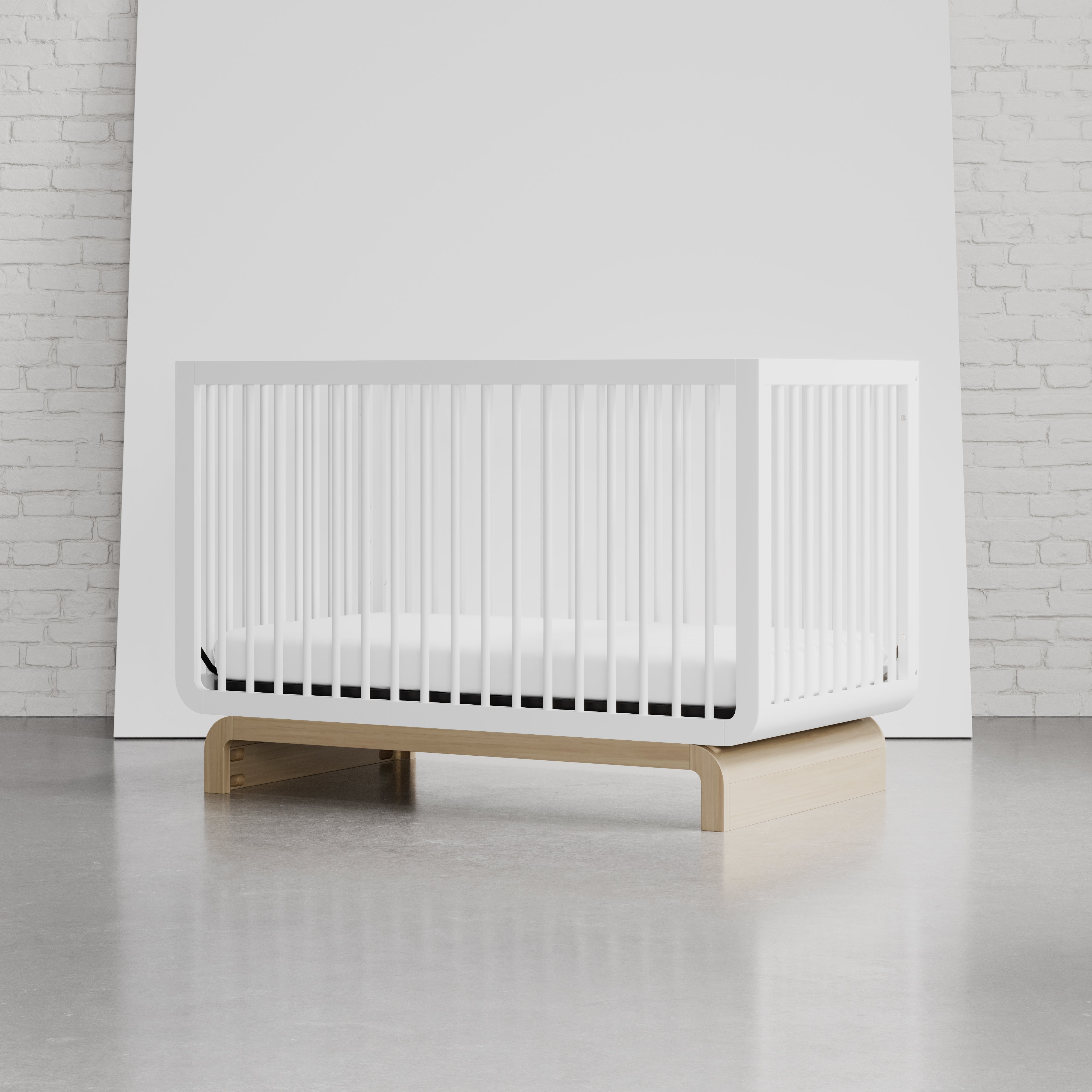 santorini crib white with driftwood in studio