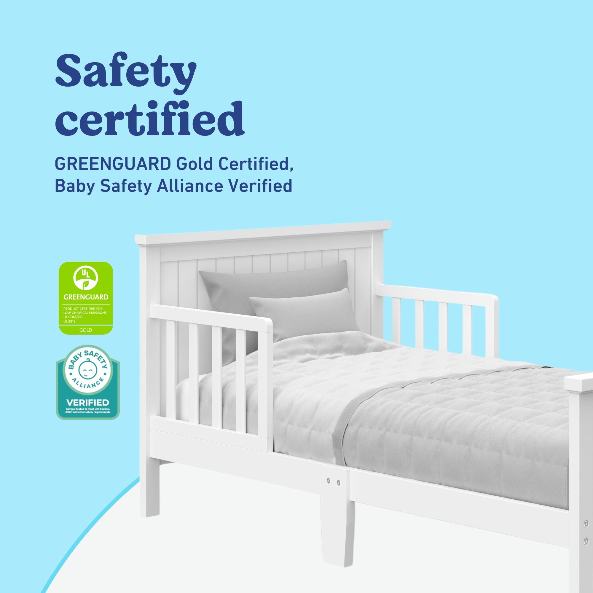 Bailey white toddler bed certifications callout