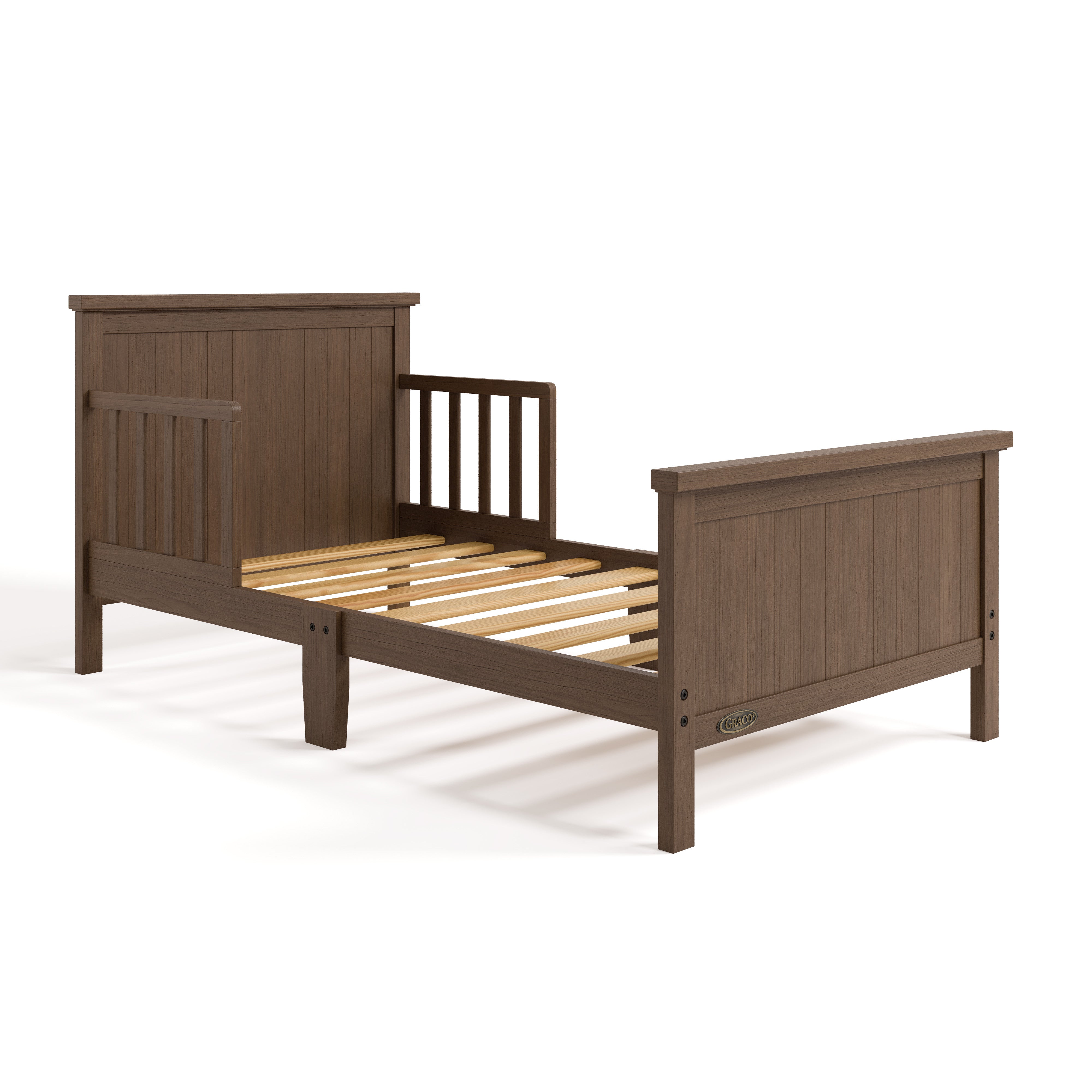 Bailey hazelnut toddler bed without mattress angle view
