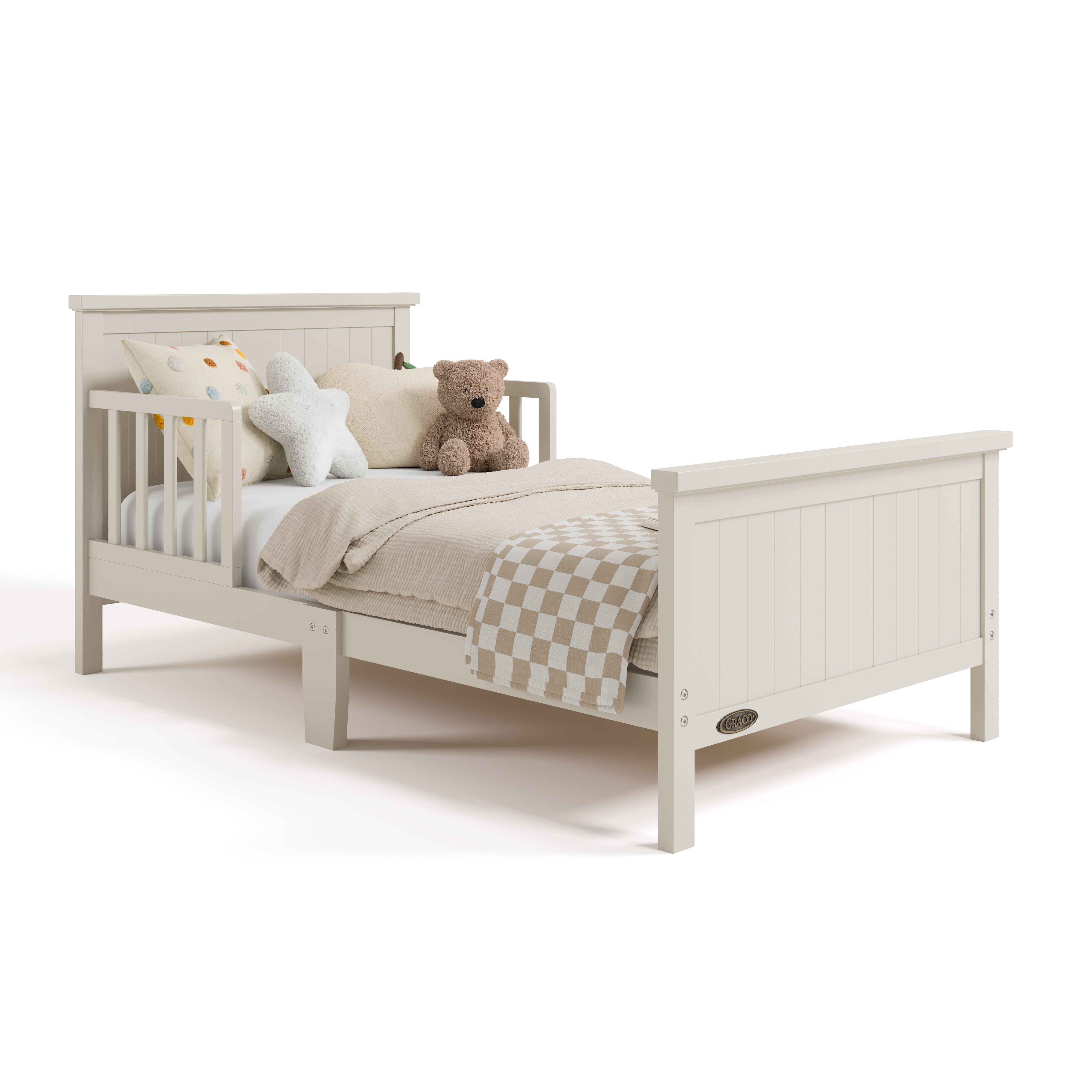 Bailey frosted oat toddler bed with bedding angle view