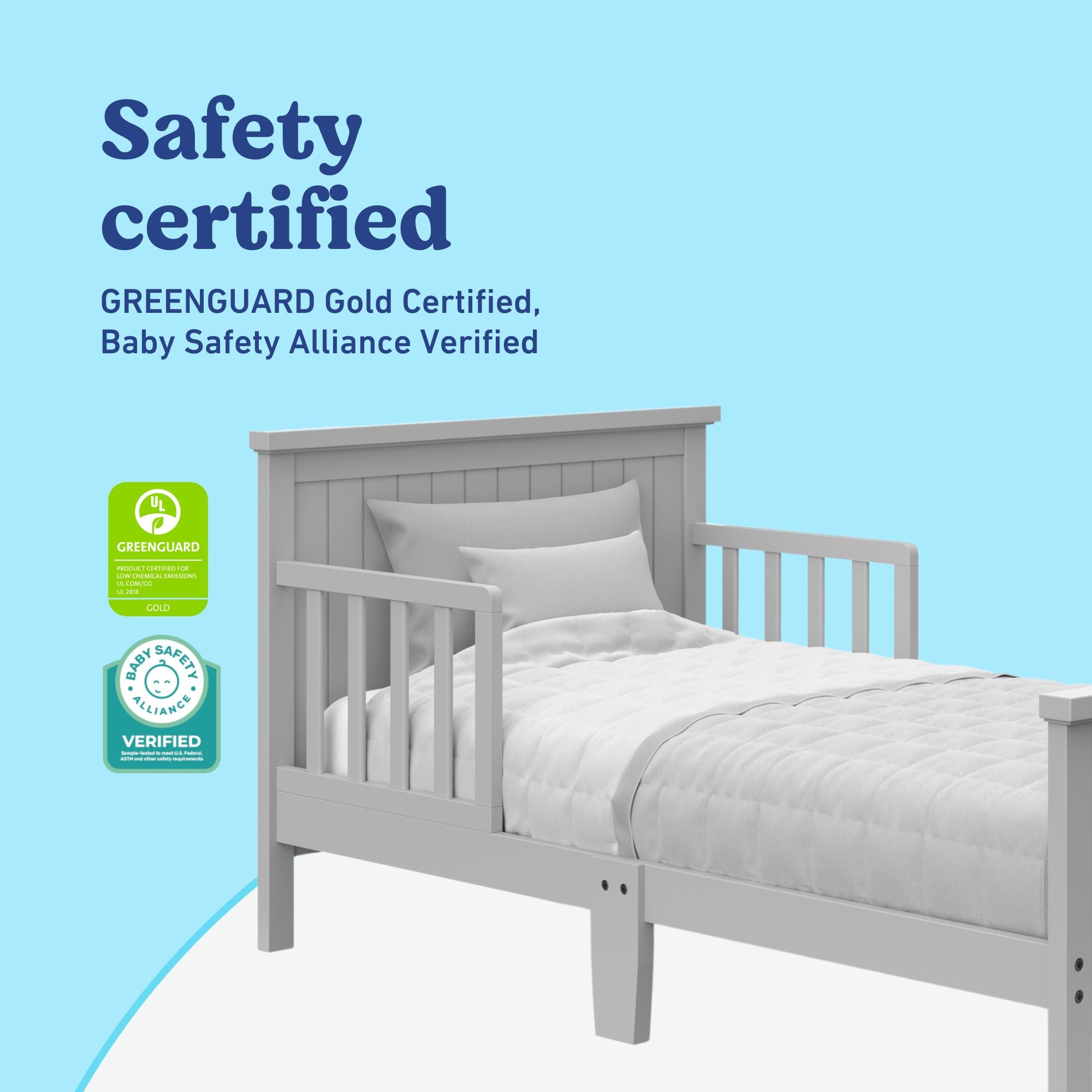 Bailey pebble gray toddler bed certifications callout