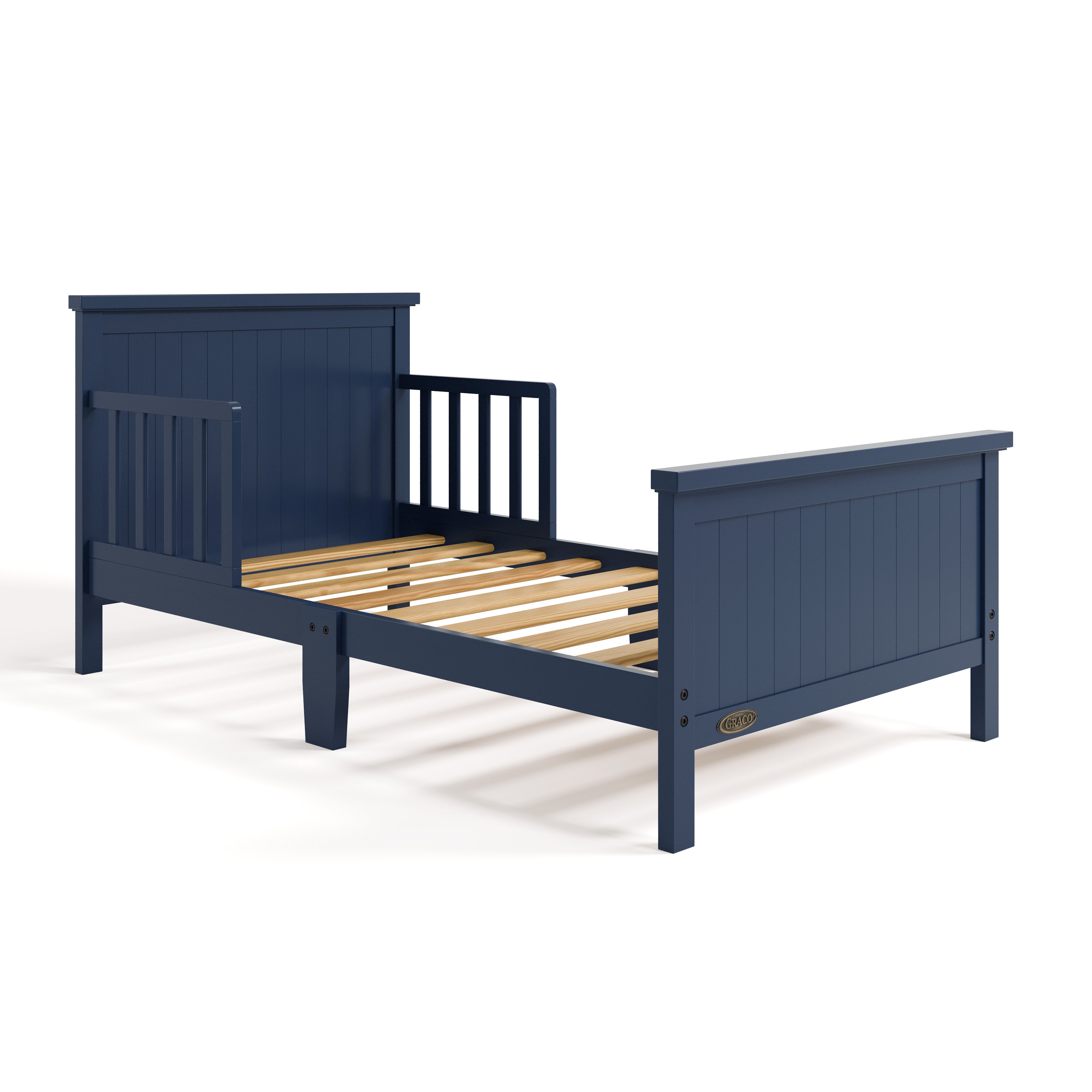 Bailey midnight blue toddler bed without mattress angle view