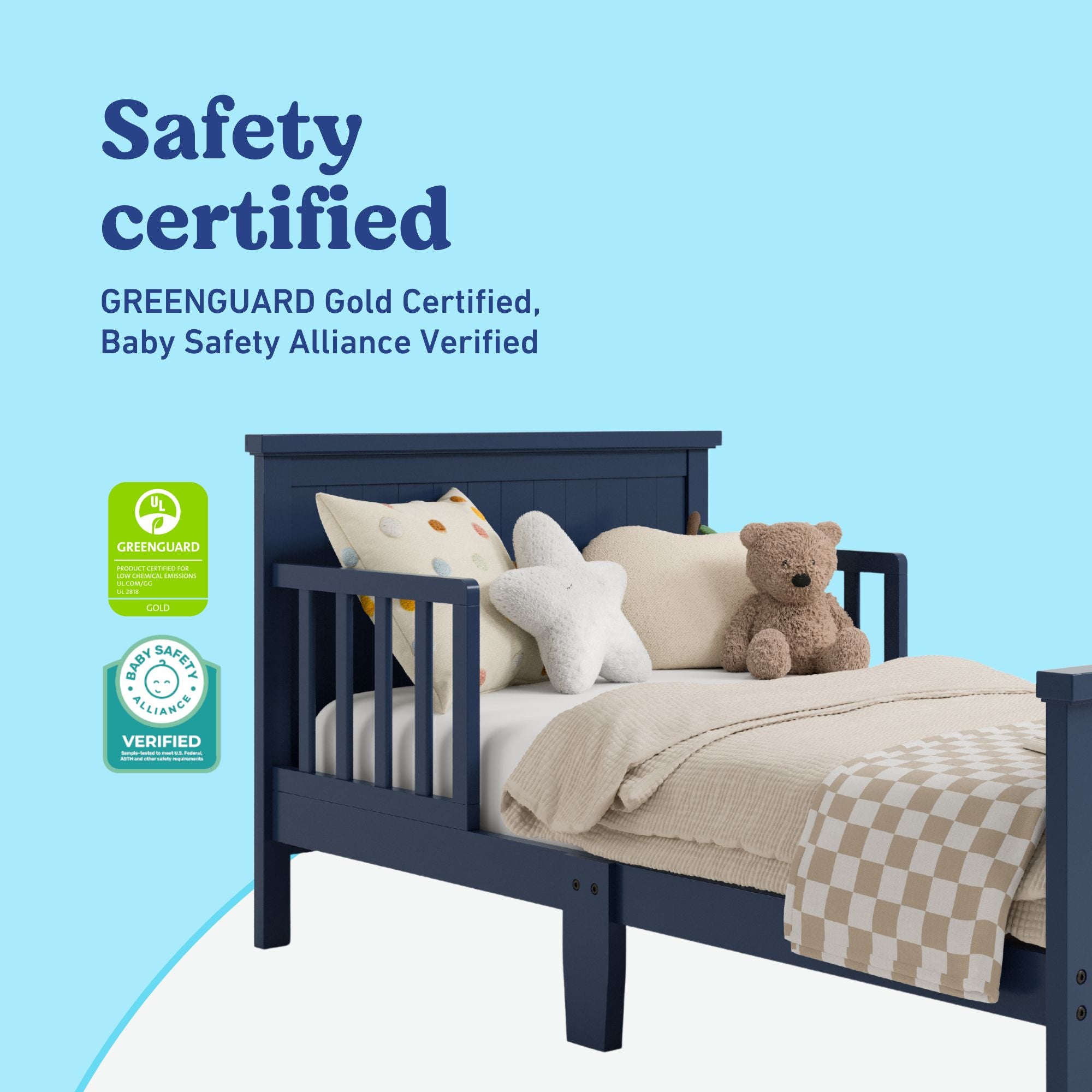 Bailey midnight blue toddler bed certifications callout
