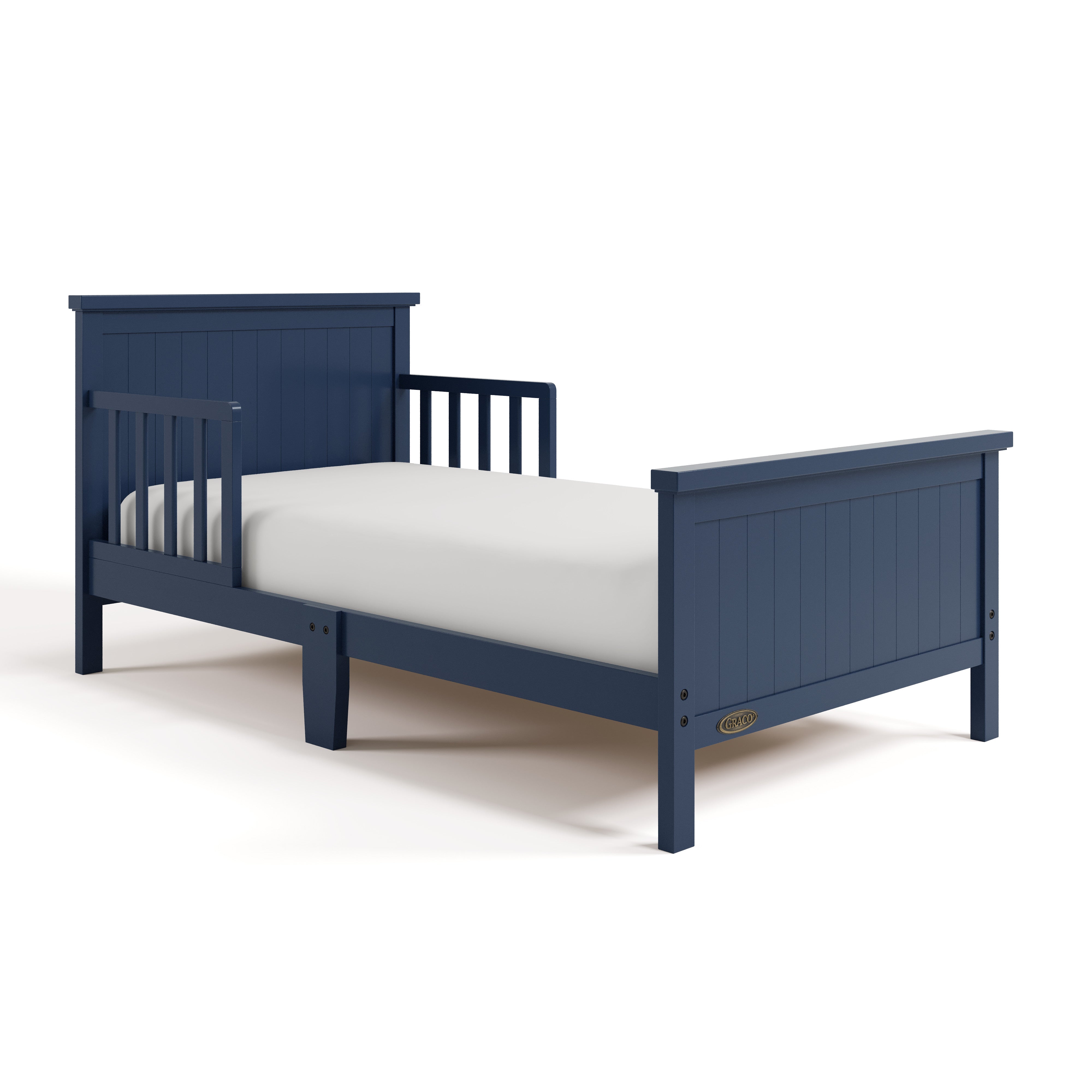 Bailey midnight blue toddler bed angle view