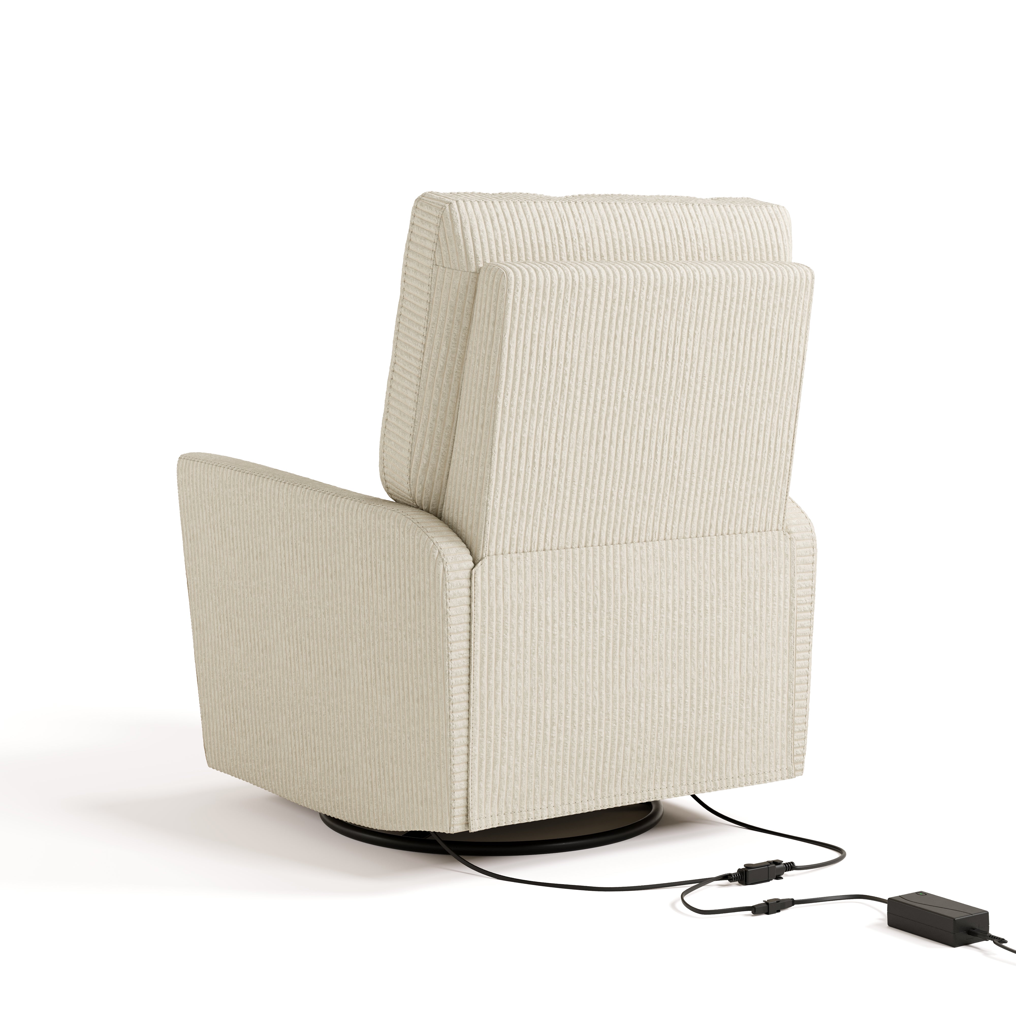 Santorini ivory corduroy recliner back view with power cord