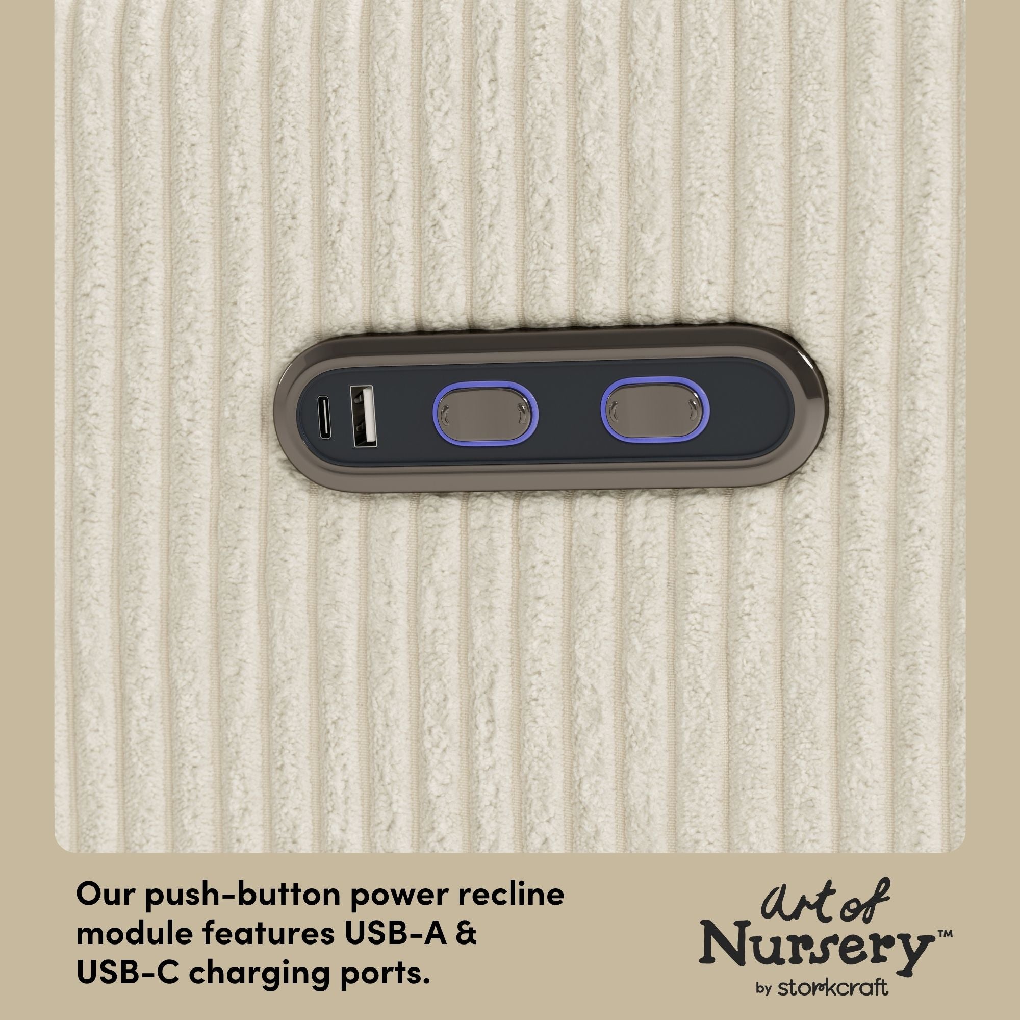 Santorini ivory corduroy glider dual USB ports callout
