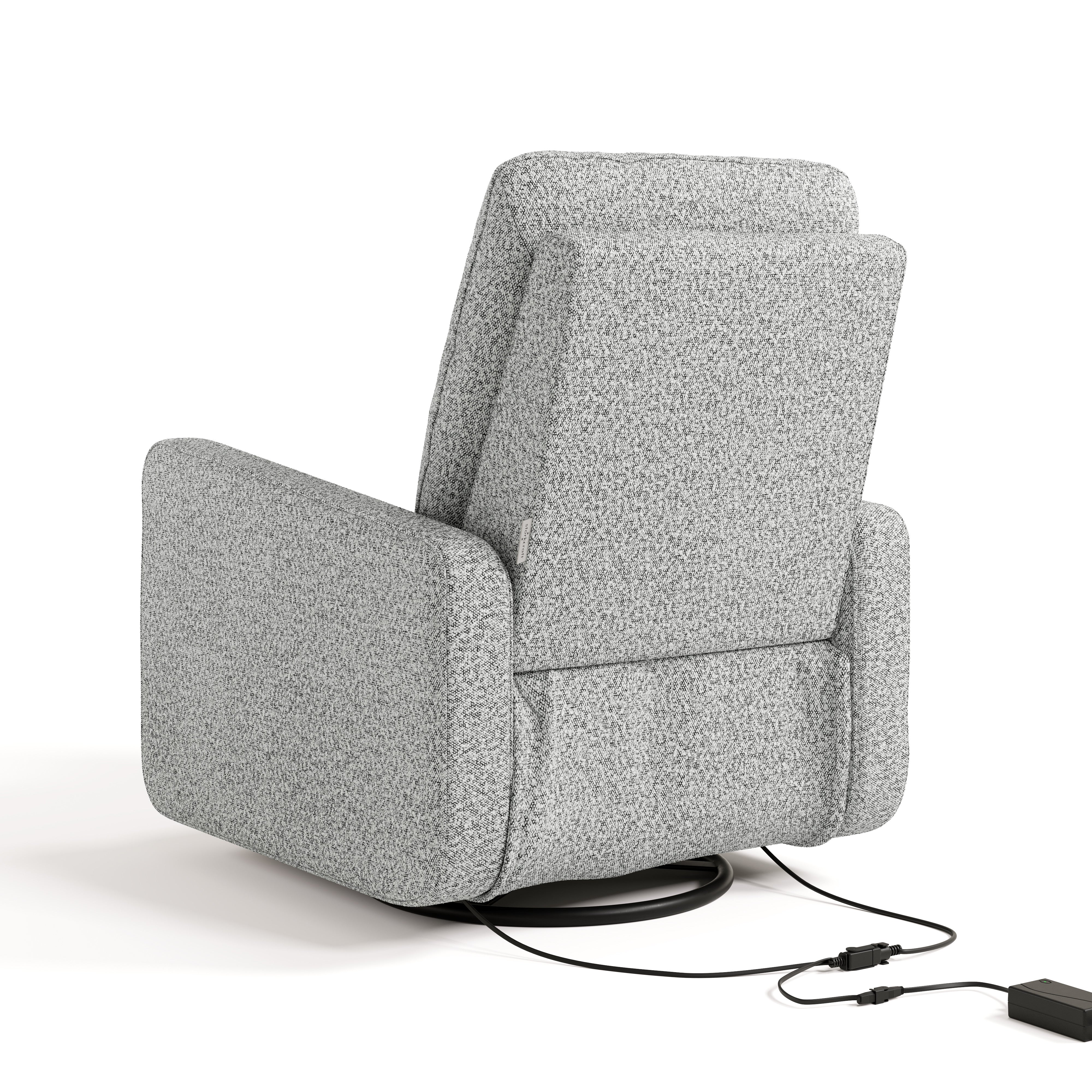 Teddi salt and pepper boucle power recliner back view with power cord