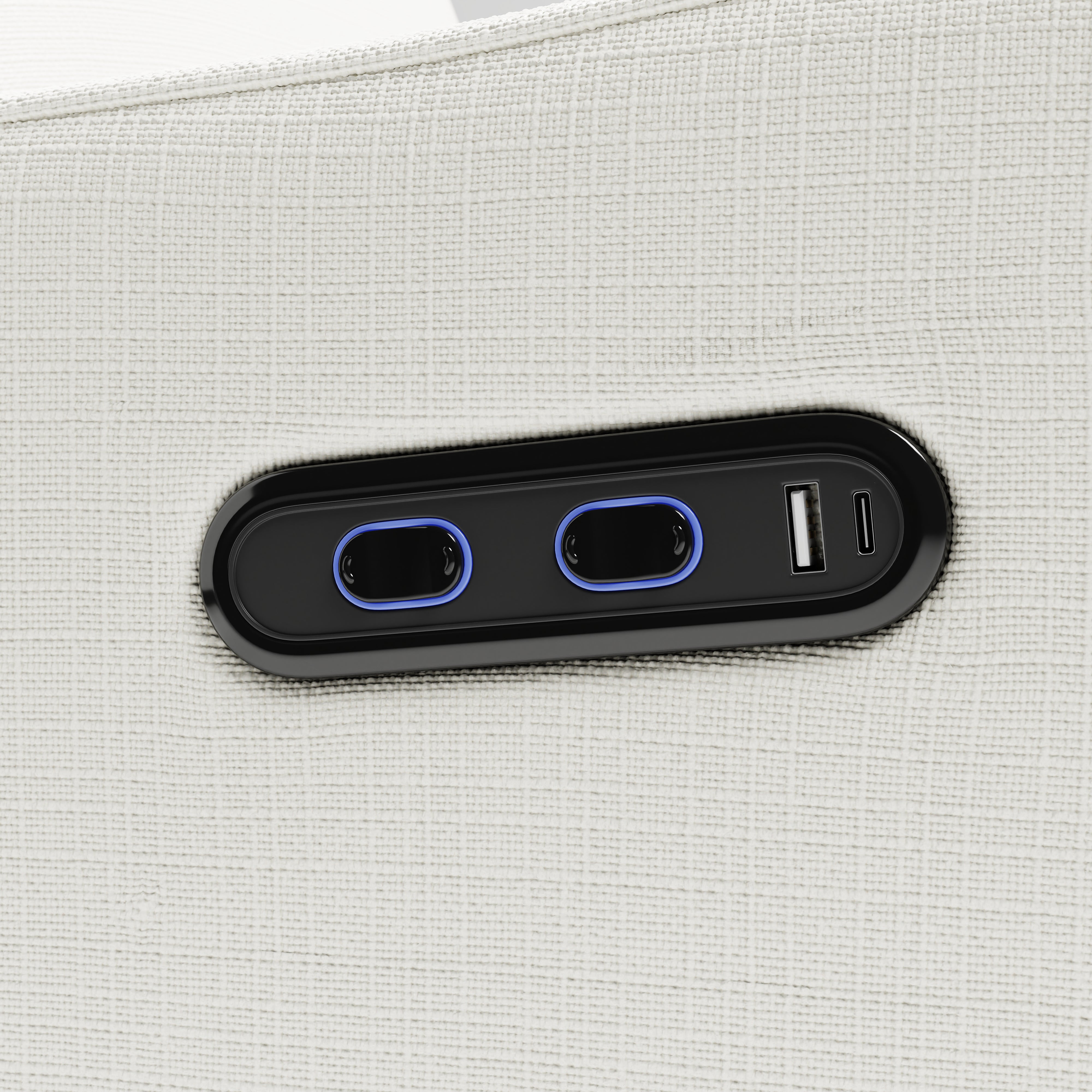 Teddi ivory basketweave power recliner close up of dual USB ports and push power buttons