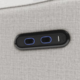 Teddi steel basketweave power recliner close up of dual USB ports and push power buttons