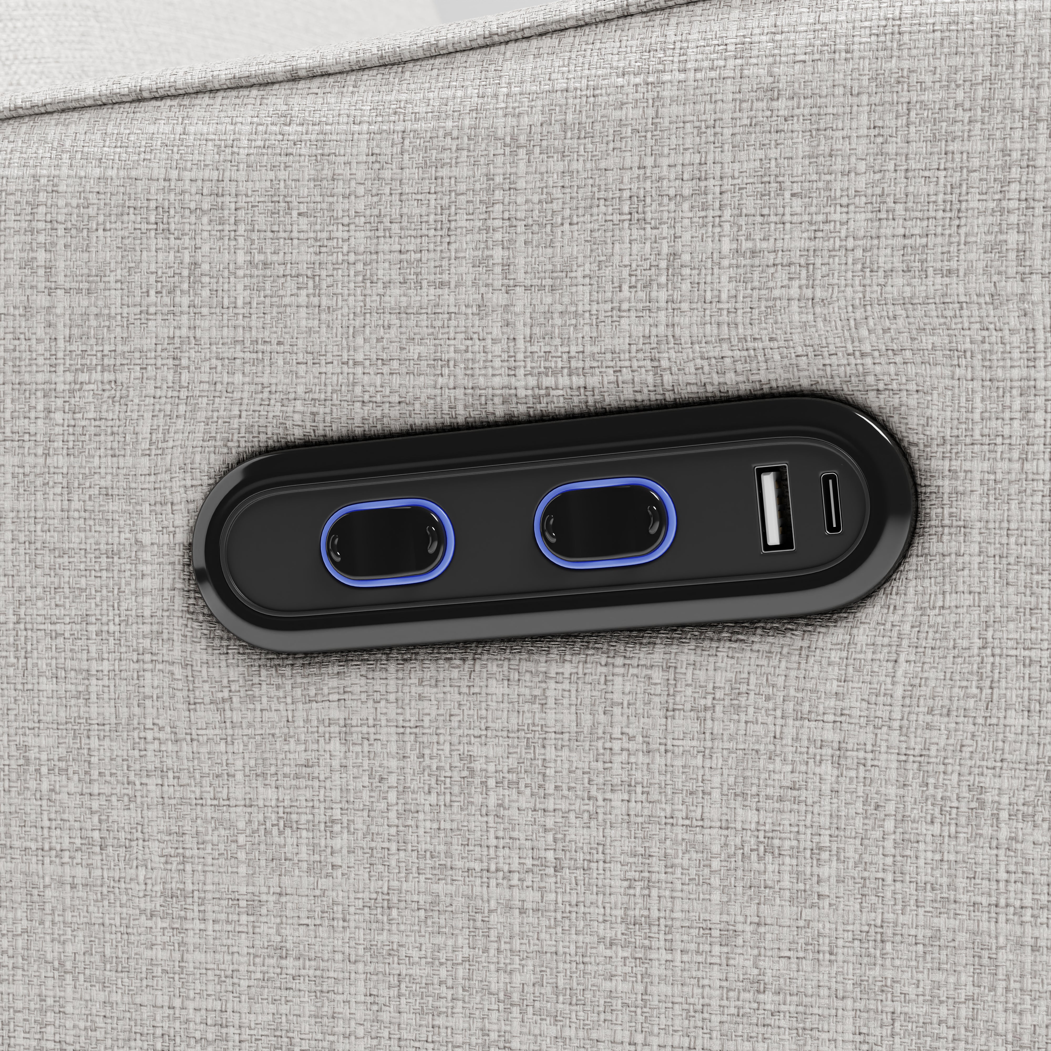 Teddi steel basketweave power recliner close up of dual USB ports and push power buttons