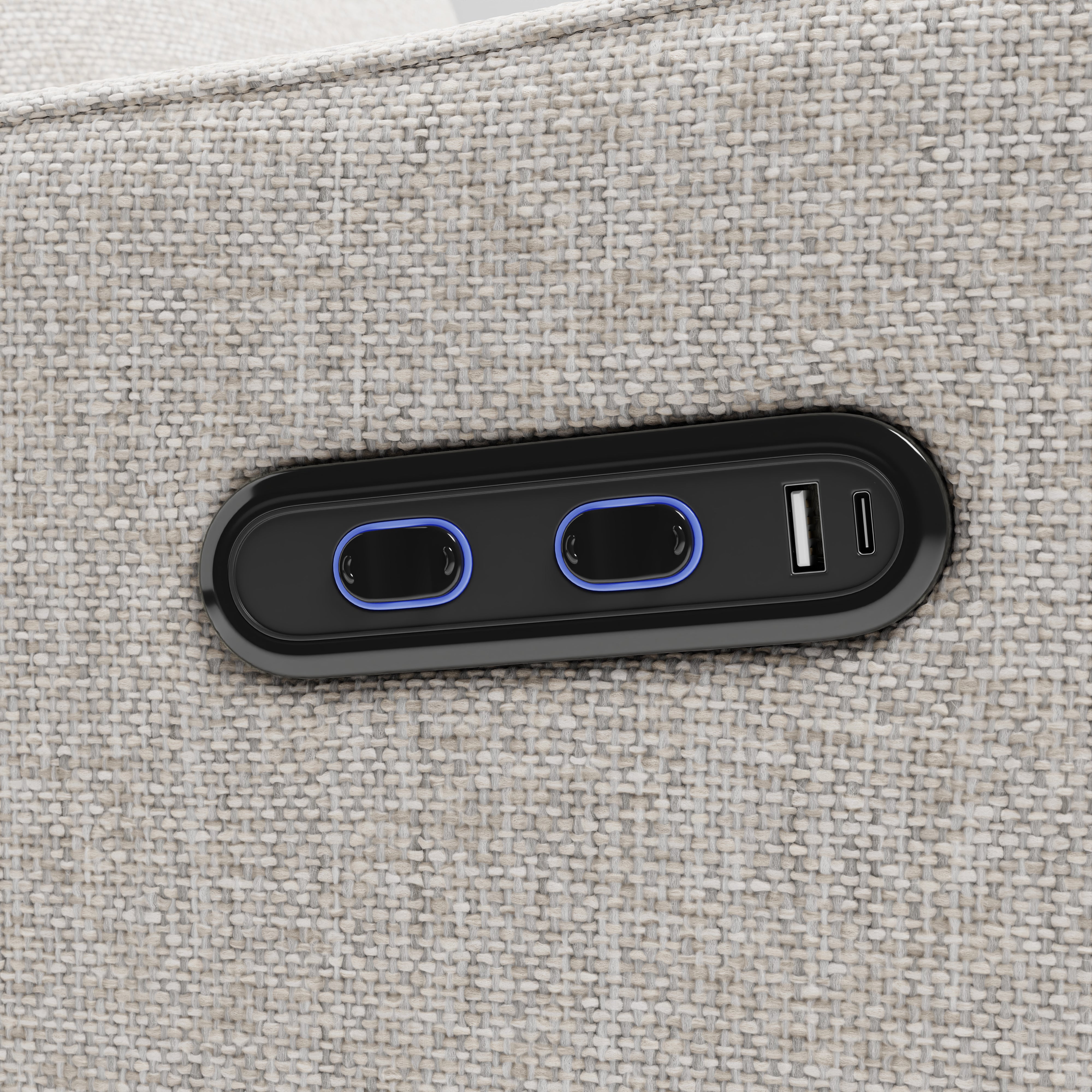Teddi dune basketweave power recliner close up of dual USB ports and push power buttons
