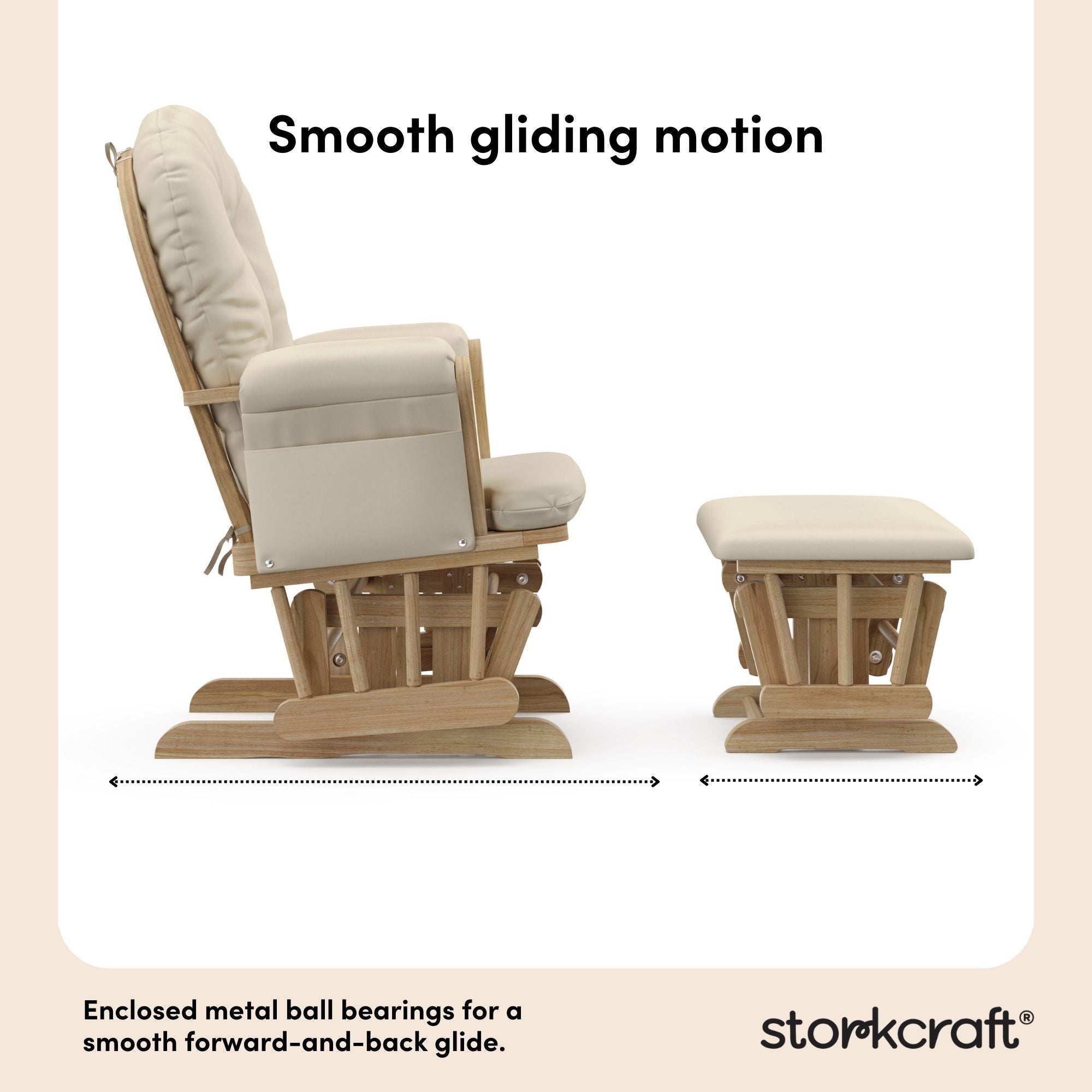 hoop glider and ottoman natural frame with beige cushions smooth gliding motion callout