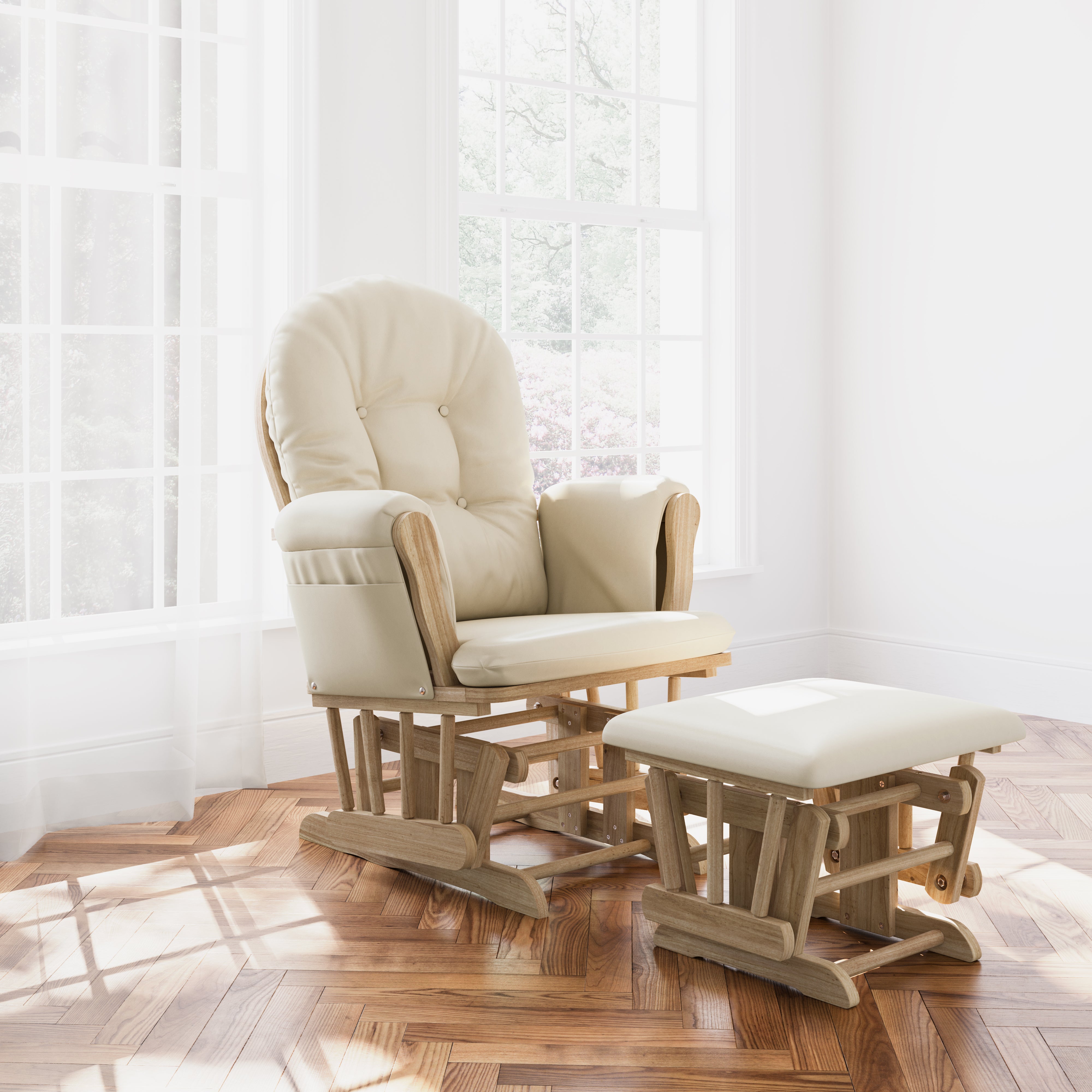hoop glider natural frame with beige cushions in nursery