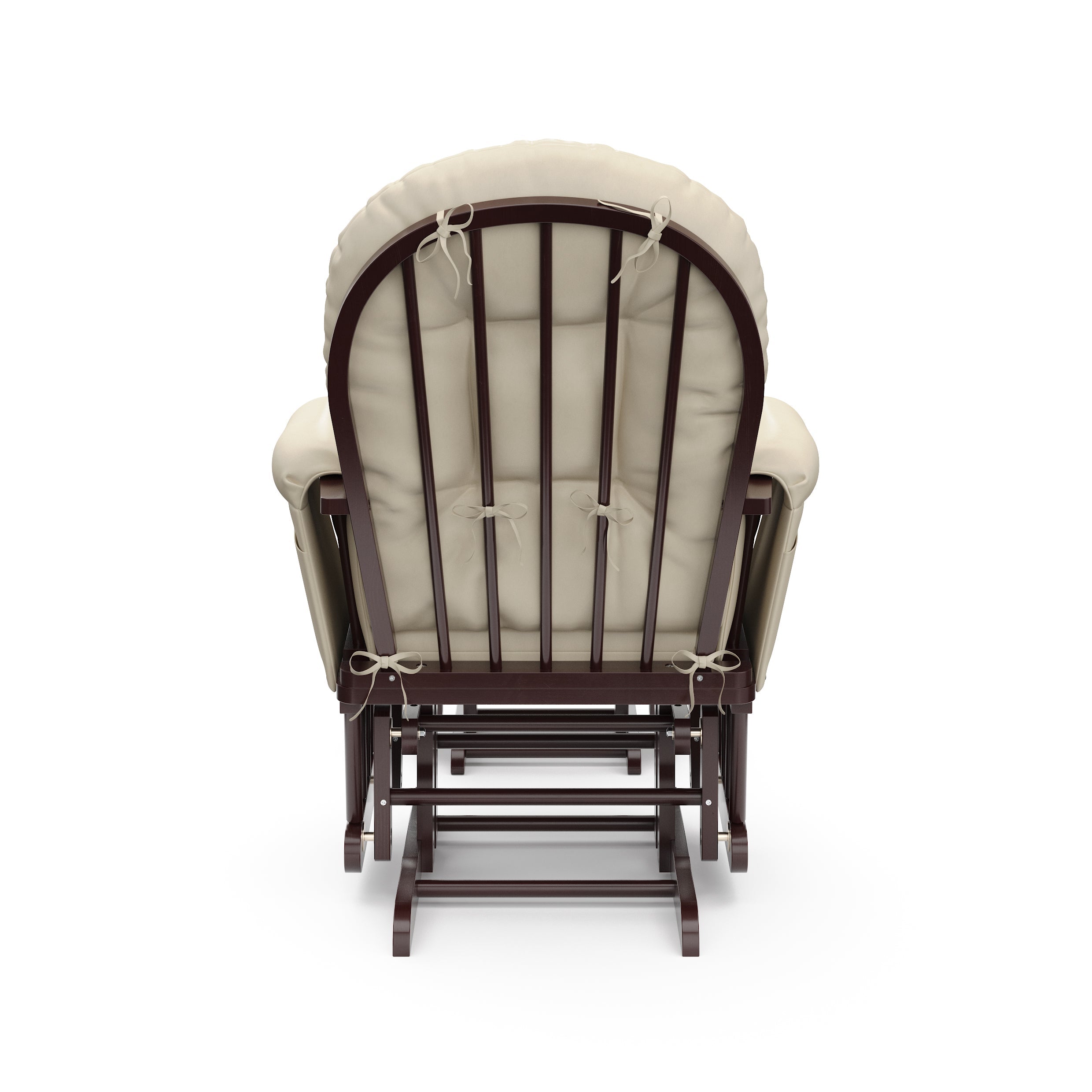 cherry glider and ottoman with beige cushions back view