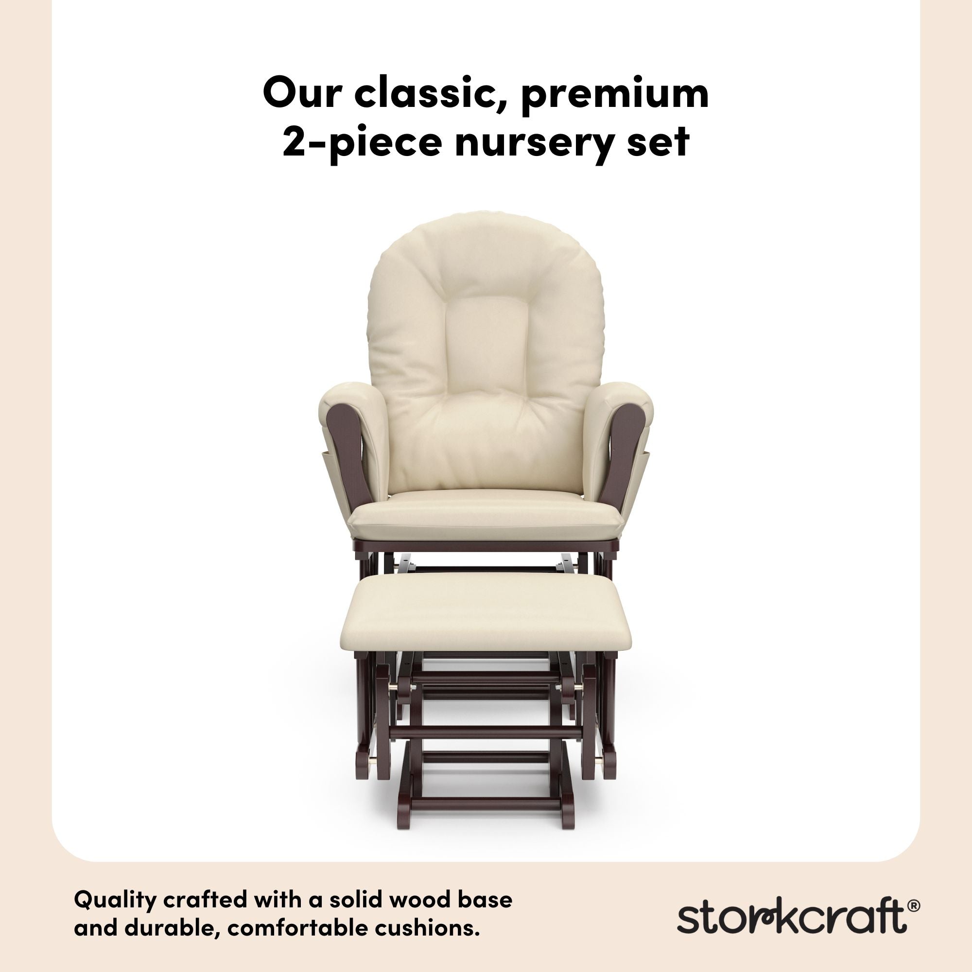 hoop glider and ottoman espresso frame with beige cushions 2-piece nursery set callout