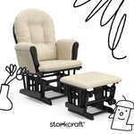 hoop glider and ottoman black frame with beige cushions with black doodles overlaid on image