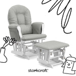 hoop glider and ottoman white frame with light gray cushions with black doodles overlaid on image