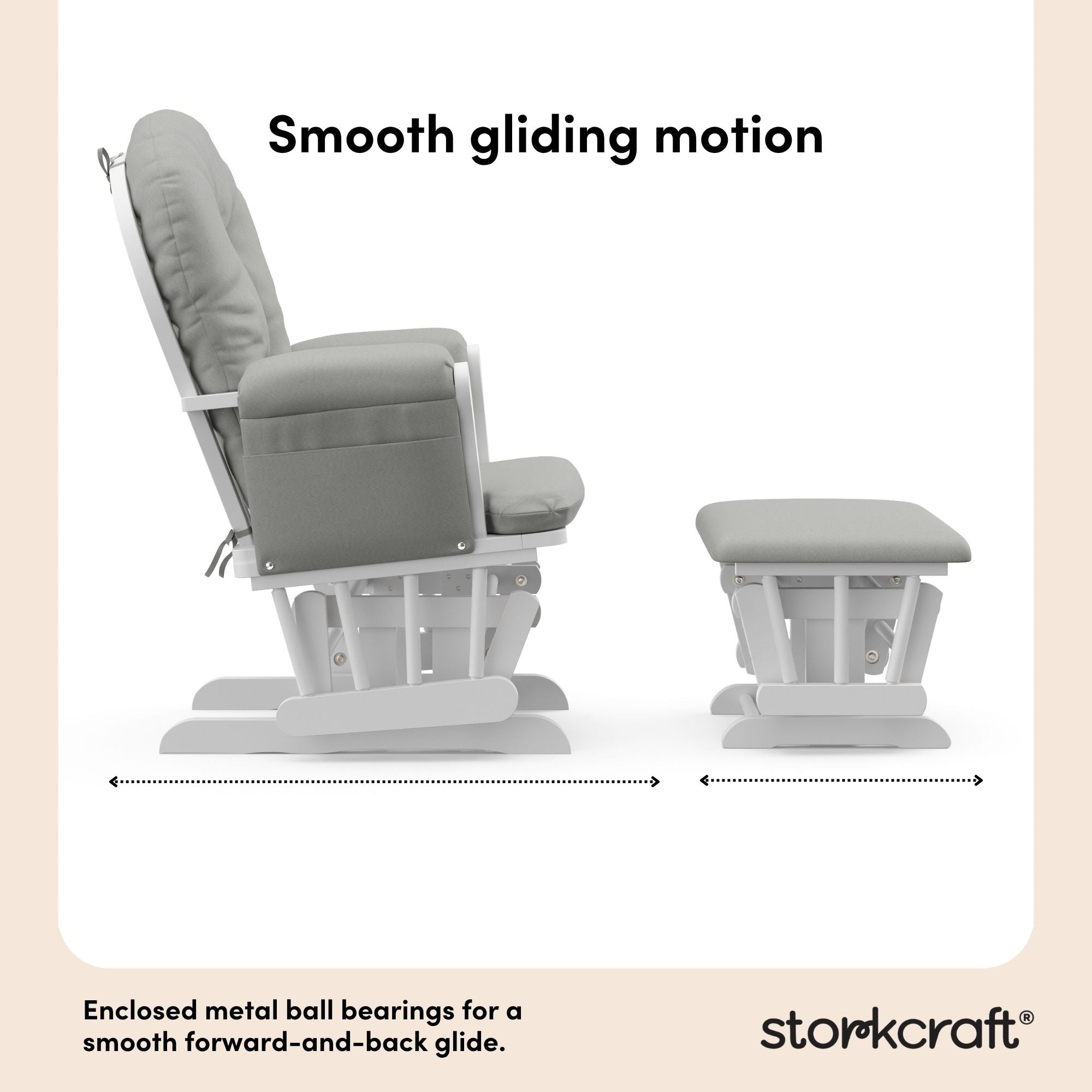 hoop glider and ottoman white frame with light gray cushions smooth gliding motion callout