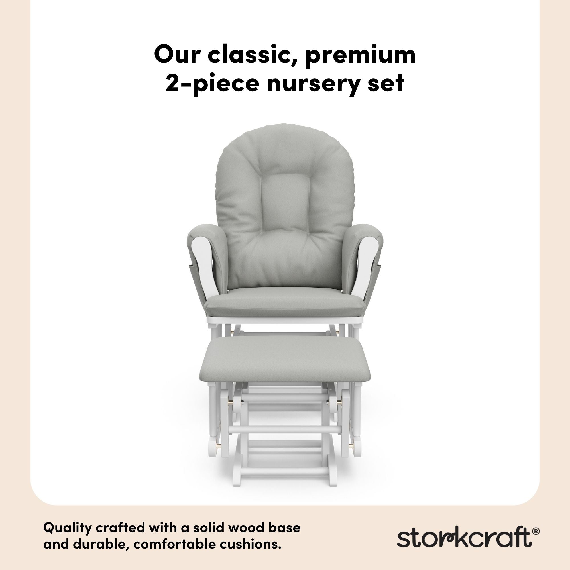 hoop glider and ottoman white frame with light gray cushions 2-piece nursery set callout