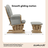 hoop glider and ottoman natural frame with light gray cushions smooth gliding motion callout