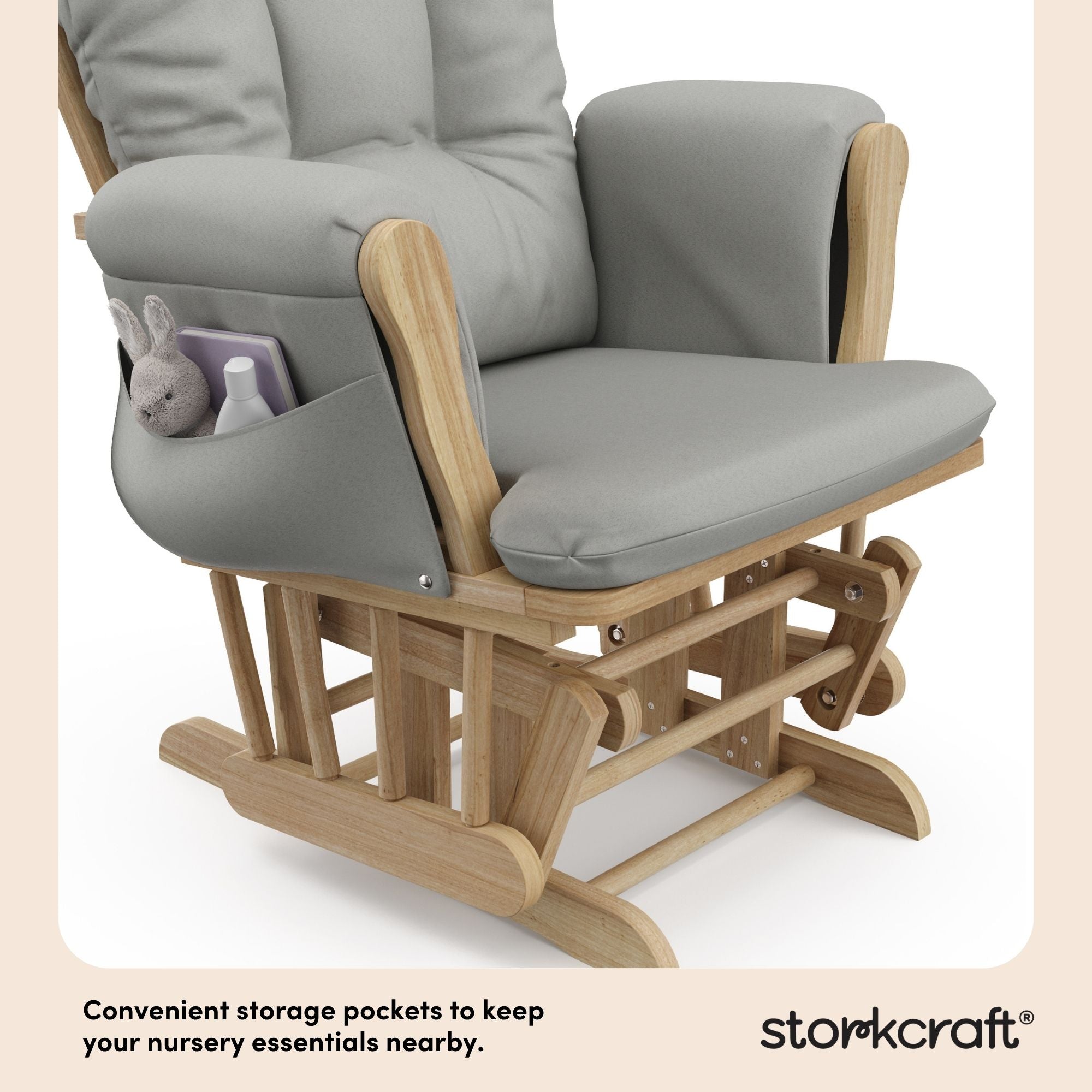 hoop glider and ottoman natural frame with light gray cushions storage pocket callout