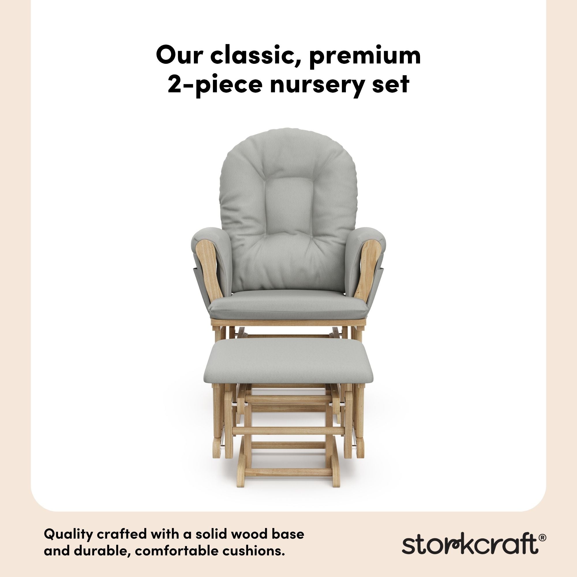 hoop glider and ottoman natural frame with light gray cushions 2-piece nursery set callout