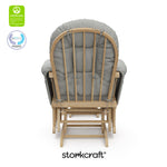 hoop glider and ottoman natural frame with light gray cushions with GGG and PTPA logo on top left