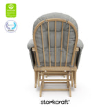 hoop glider and ottoman natural frame with light gray cushions with GGG and PTPA logo on top left