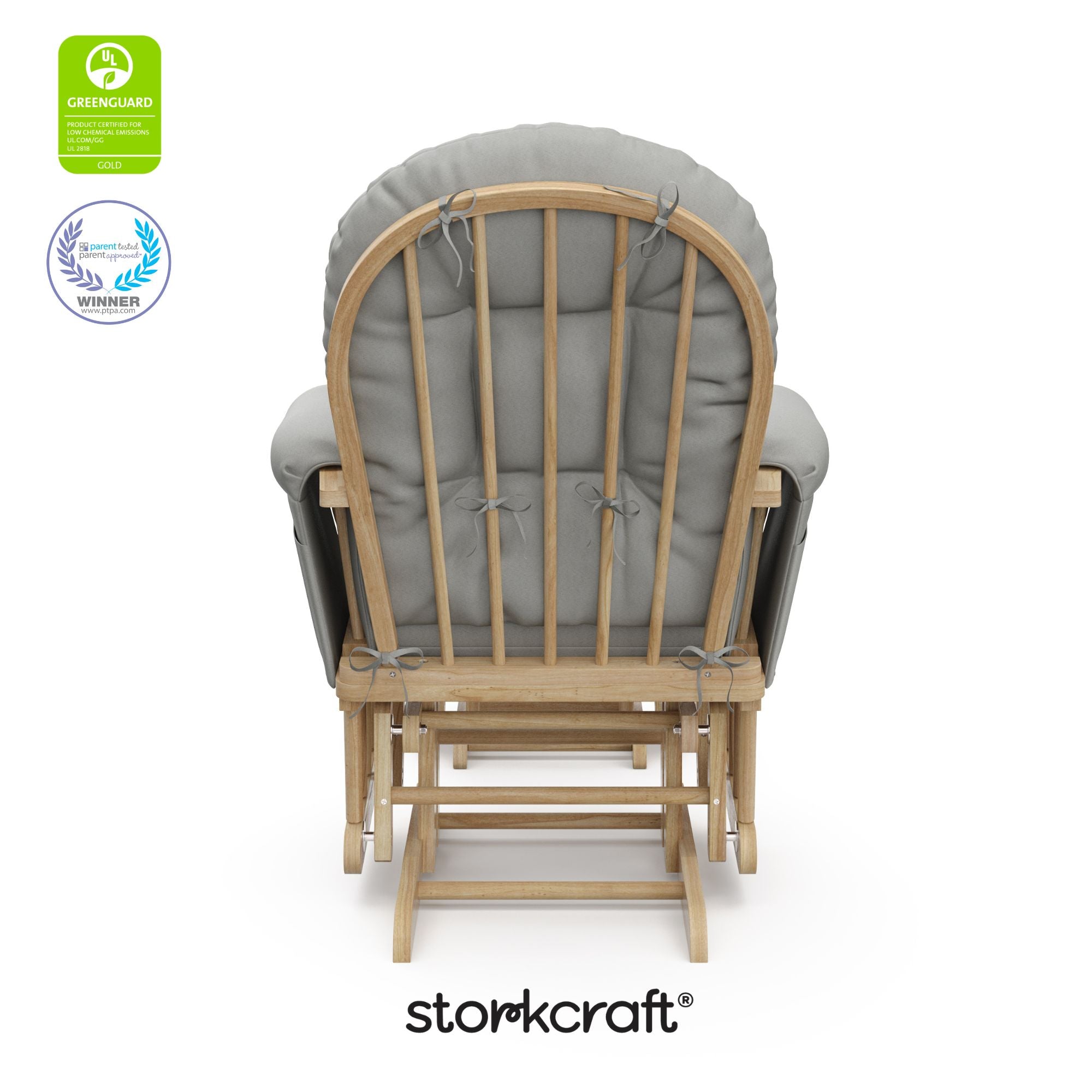 hoop glider and ottoman natural frame with light gray cushions with GGG and PTPA logo on top left