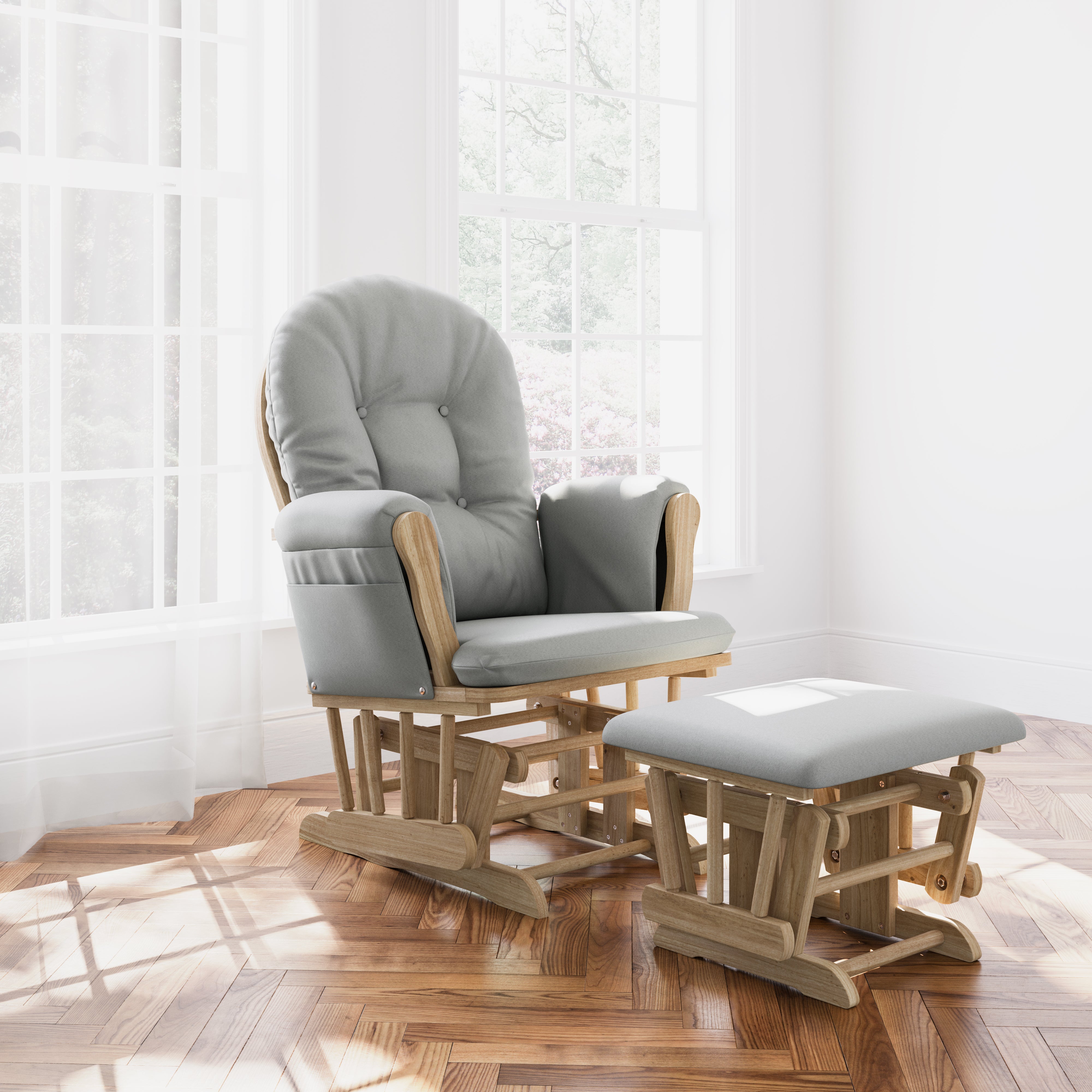 hoop glider natural frame with light gray cushions in nursery