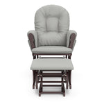 espresso glider and ottoman with light gray cushions front view