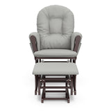 espresso glider and ottoman with light gray cushions front view