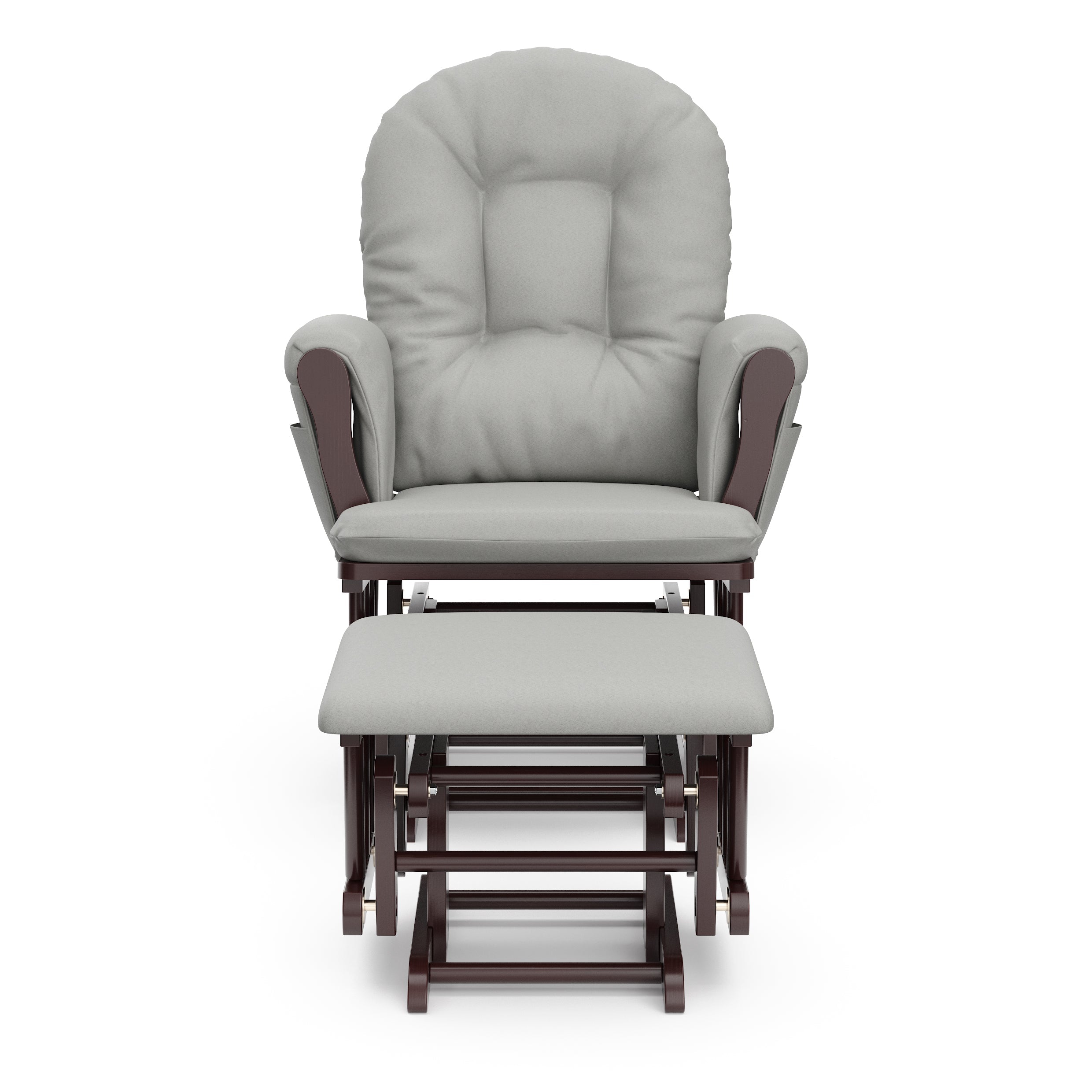 espresso glider and ottoman with light gray cushions front view