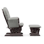 espresso glider and ottoman with light gray cushions side view
