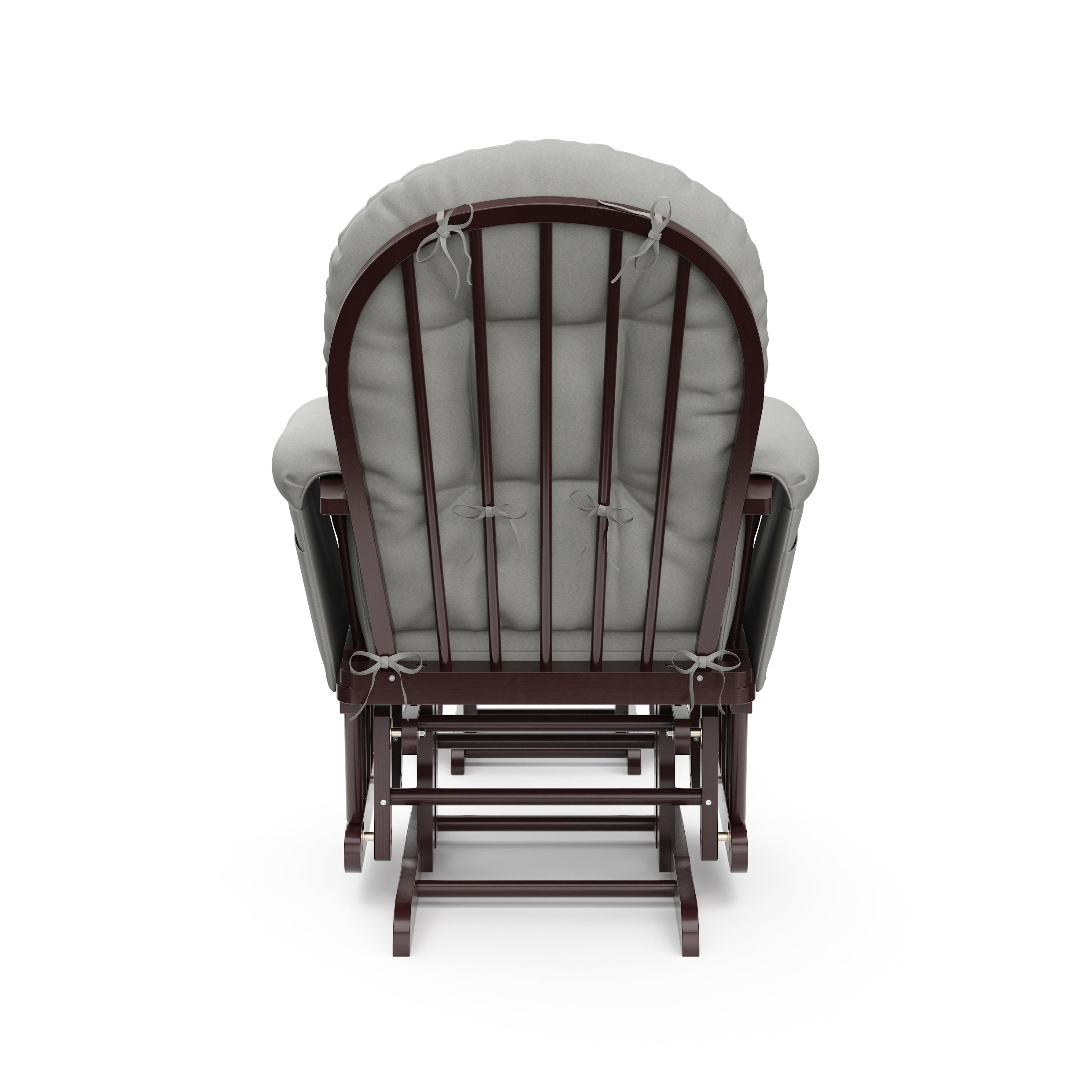 espresso glider and ottoman with light gray cushions back view