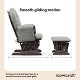 hoop glider and ottoman espresso frame with light gray cushions smooth gliding motion callout