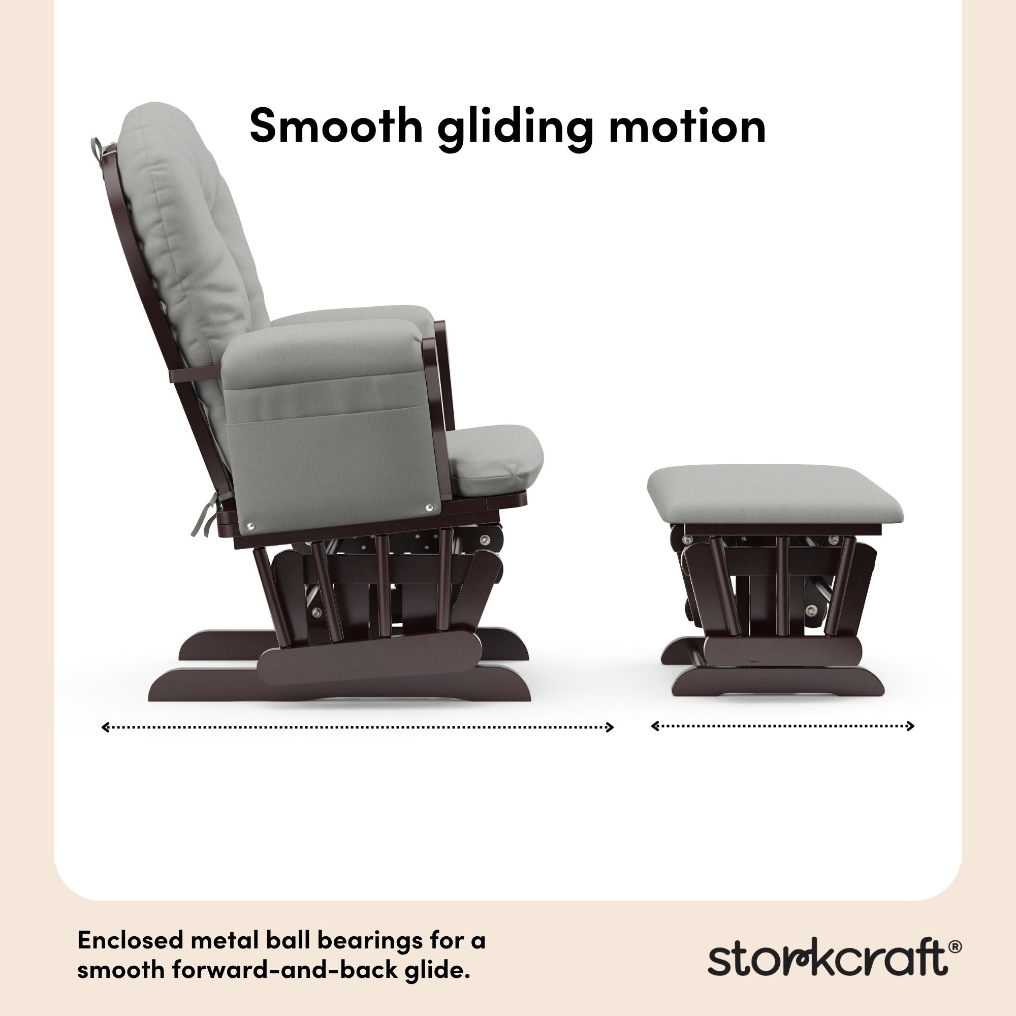 hoop glider and ottoman espresso frame with light gray cushions smooth gliding motion callout