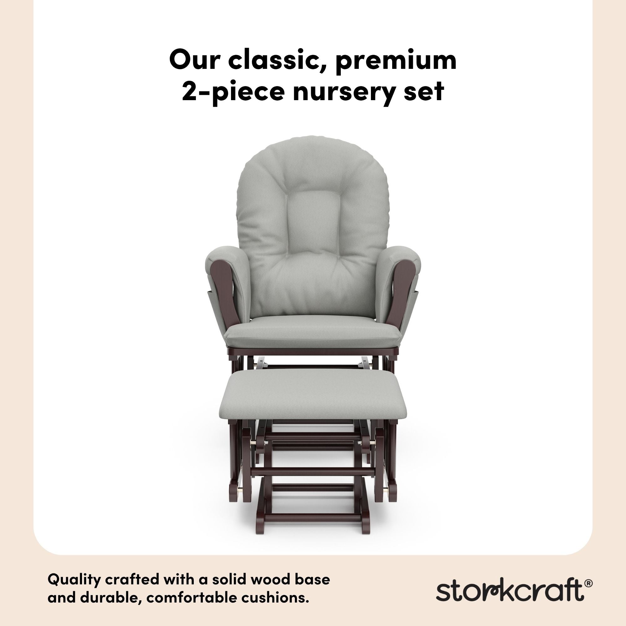 hoop glider and ottoman espresso frame with light gray cushions 2-piece nursery set callout