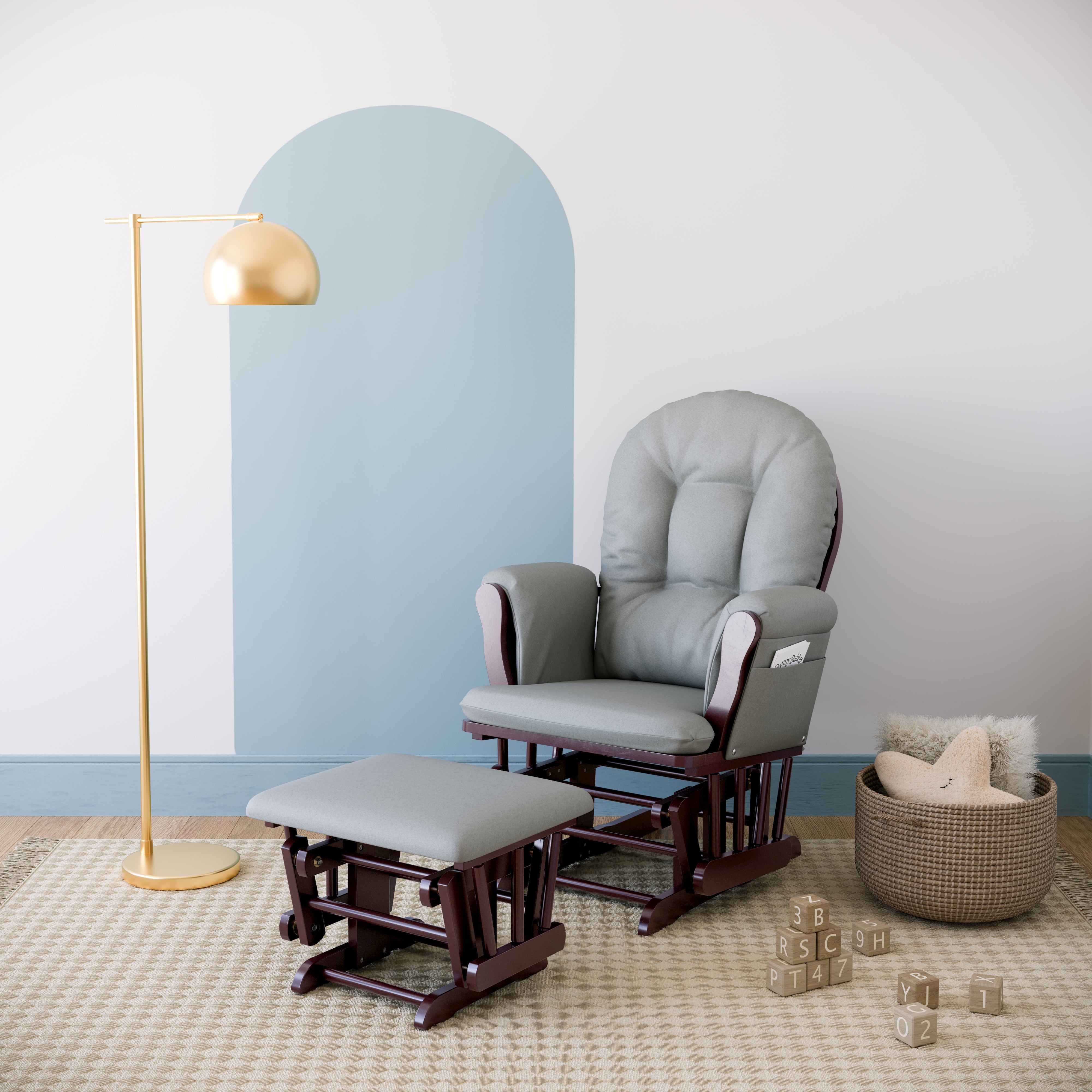 espresso glider and ottoman with light gray cushions in nursery