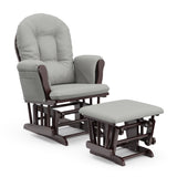 espresso glider and ottoman with light gray cushions angled view