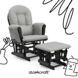 hoop glider and ottoman black frame with light gray cushions with black doodles overlaid on image