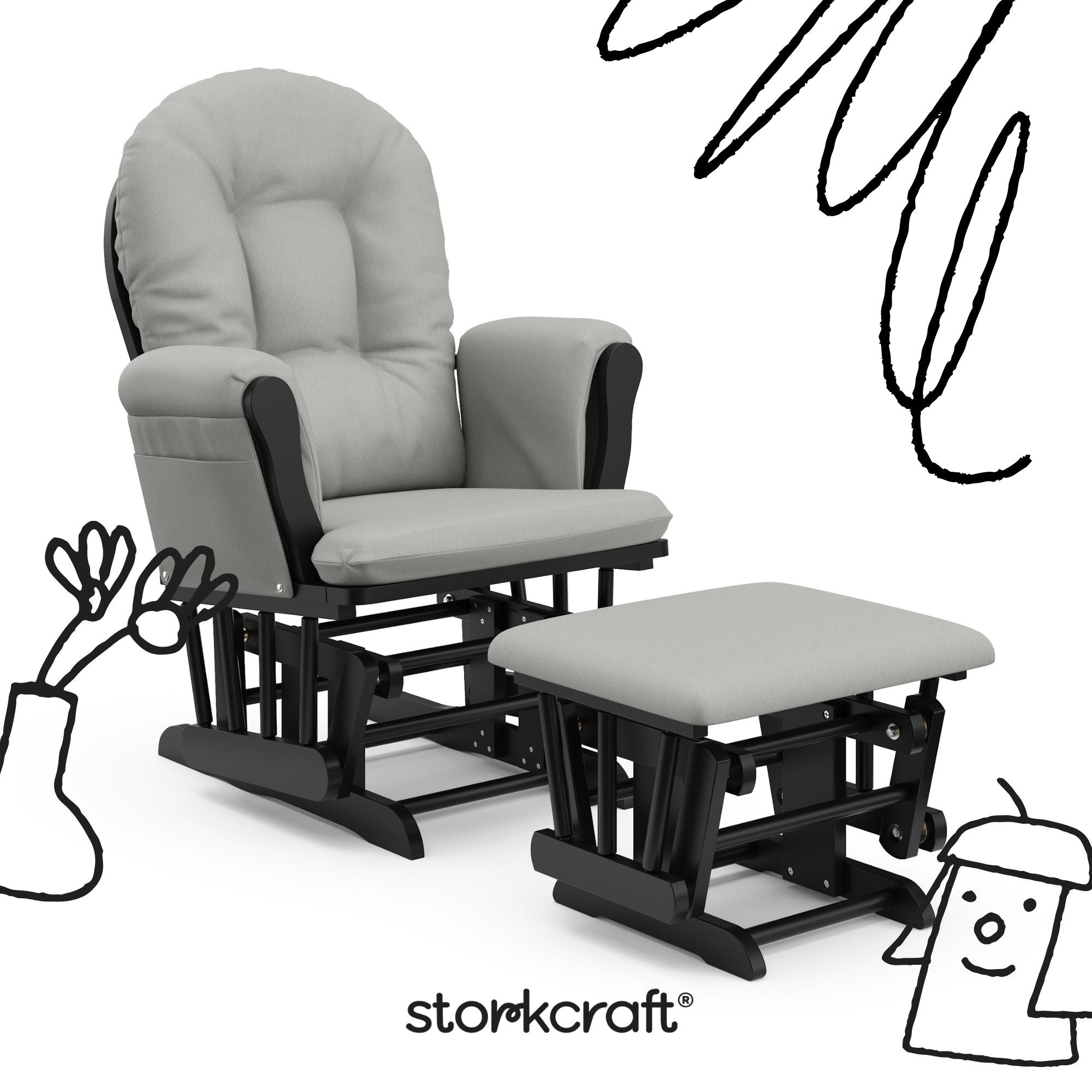hoop glider and ottoman black frame with light gray cushions with black doodles overlaid on image