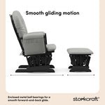 hoop glider and ottoman black frame with light gray cushions smooth gliding motion callout