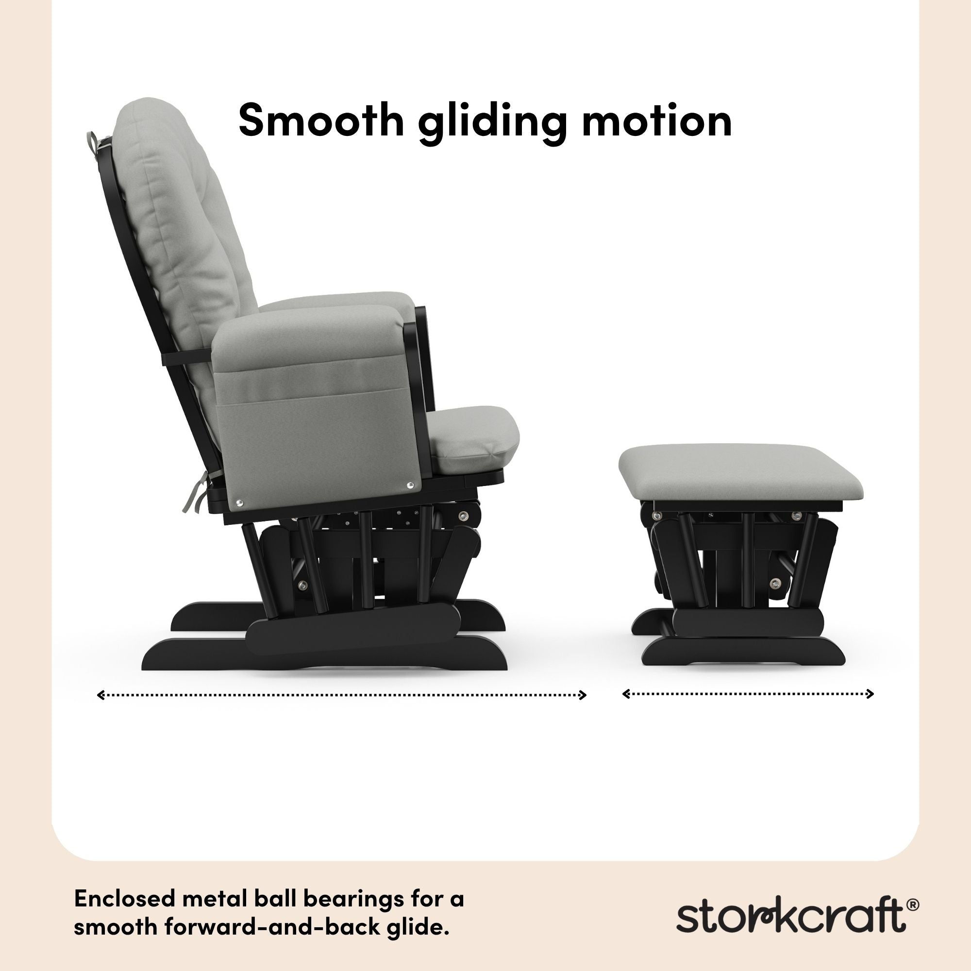 hoop glider and ottoman black frame with light gray cushions smooth gliding motion callout