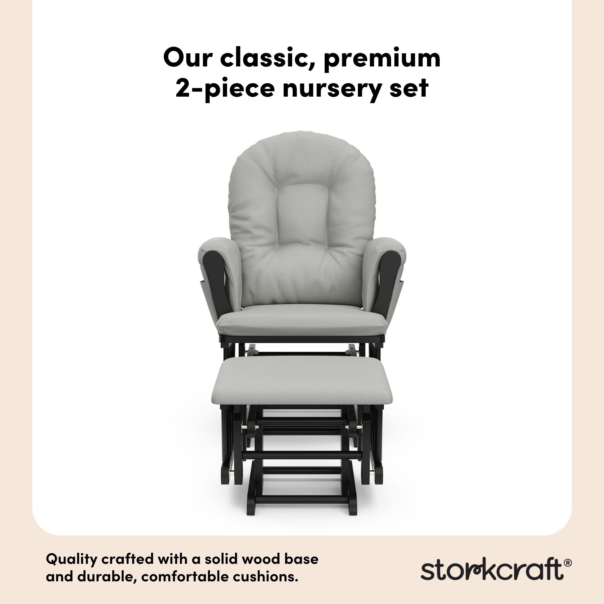hoop glider and ottoman black frame with light gray cushions 2-piece nursery set callout