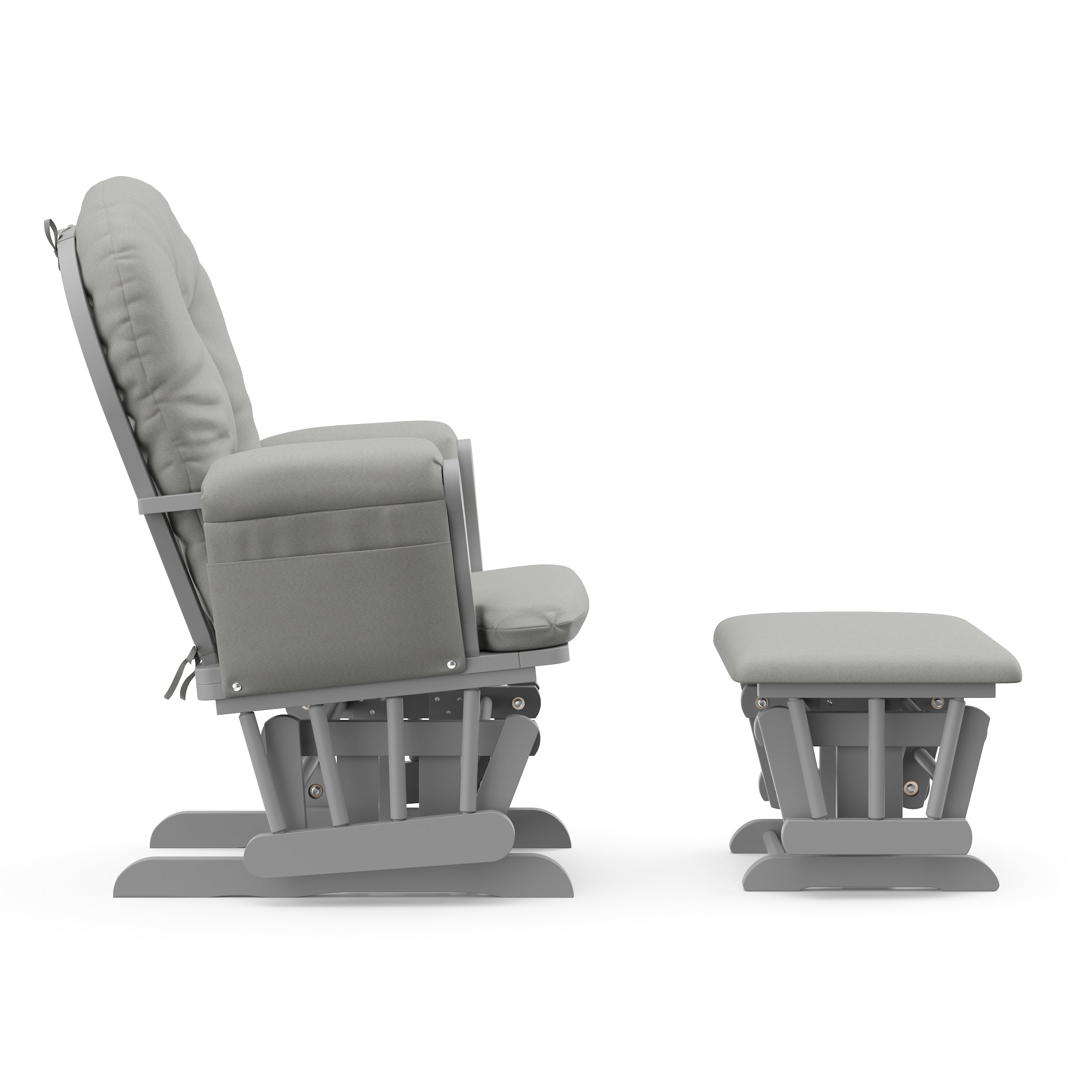 pebble gray glider and ottoman with light gray cushions side view