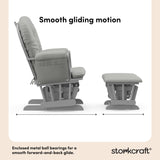 hoop glider and ottoman pebble gray frame with light gray cushions smooth gliding motion callout